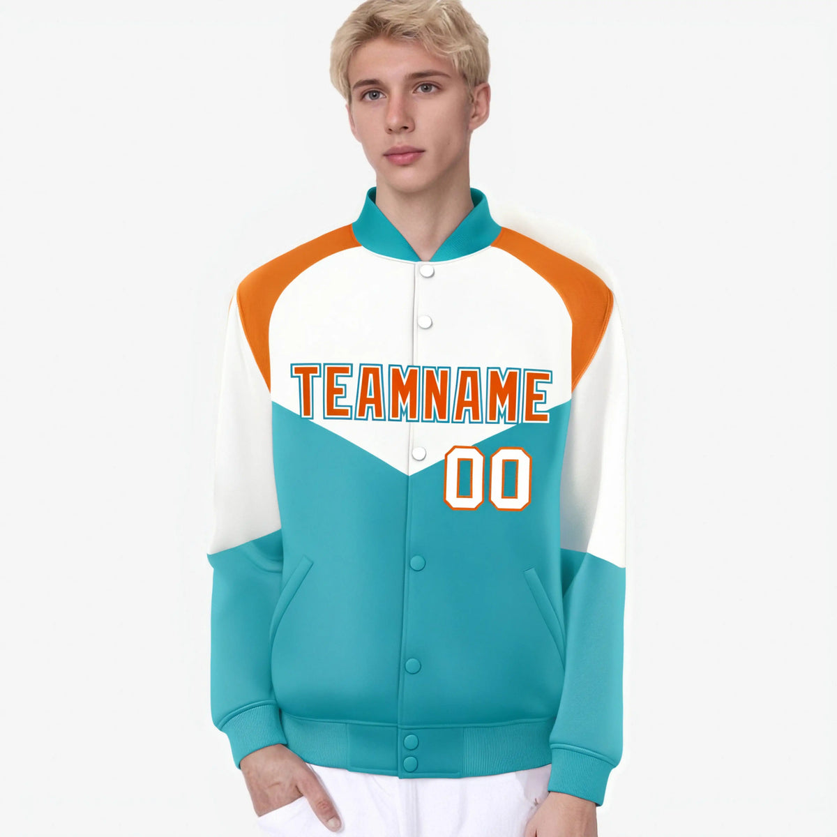 Custom White Aqua-Orange Varsity Full-Snap Color Block Letterman Jacket