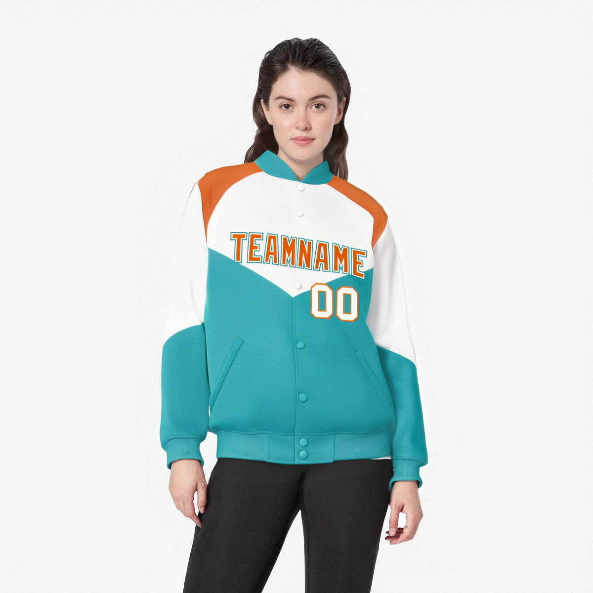 Custom White Aqua-Orange Varsity Full-Snap Color Block Letterman Jacket
