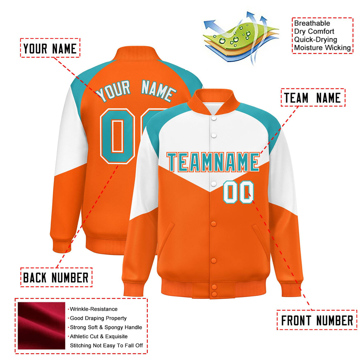 Custom White Orange-Aqua Varsity Full-Snap Color Block Letterman Jacket