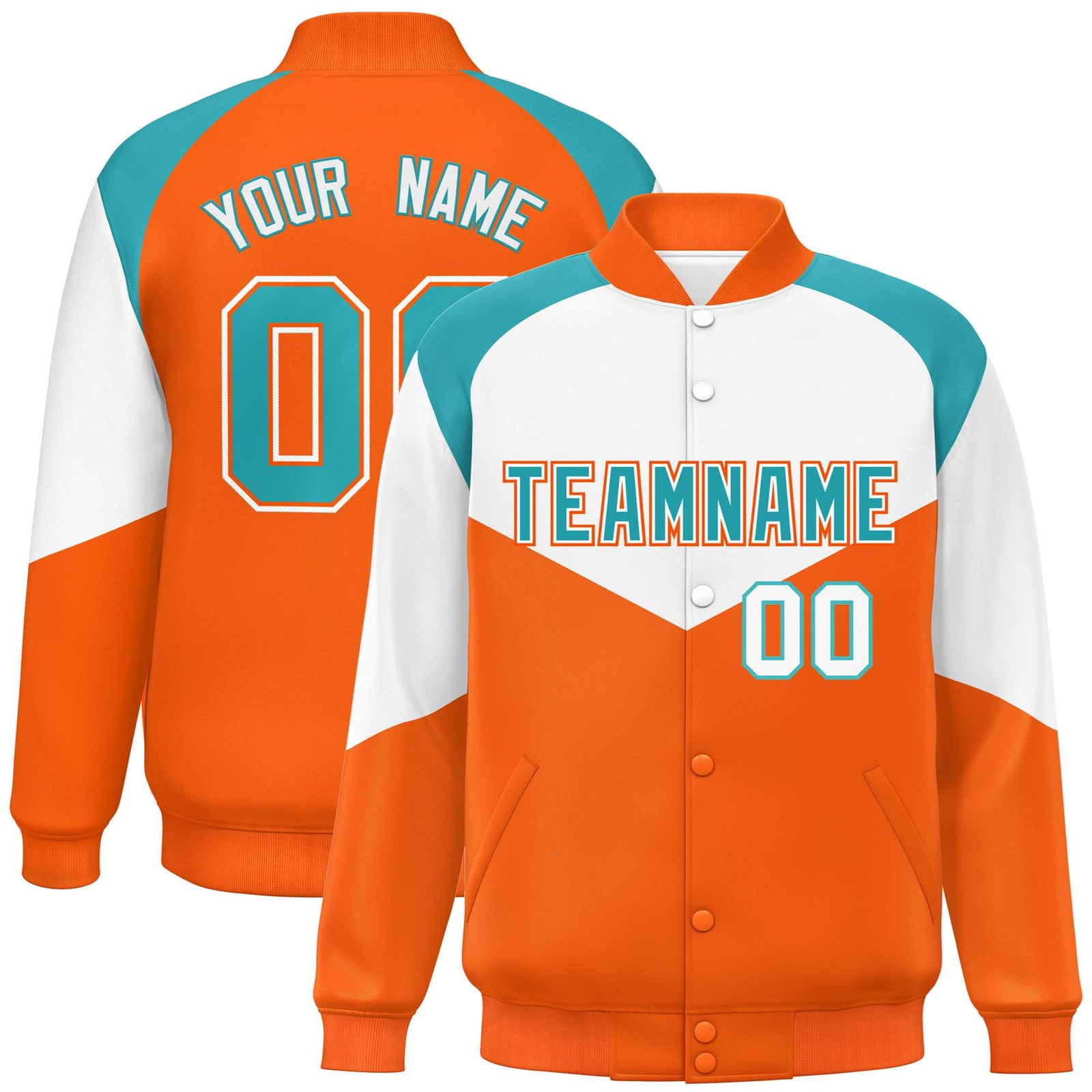 Custom White Orange-Aqua Varsity Full-Snap Color Block Letterman Jacket