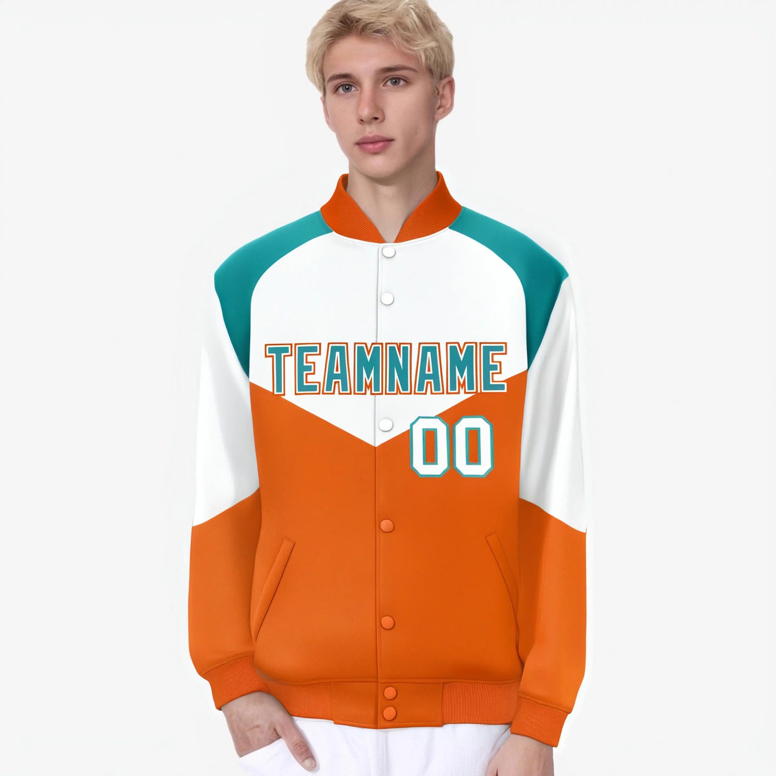 Custom White Orange-Aqua Varsity Full-Snap Color Block Letterman Jacket