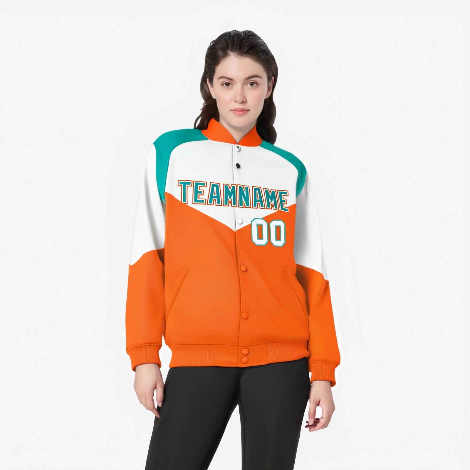 Custom White Orange-Aqua Varsity Full-Snap Color Block Letterman Jacket