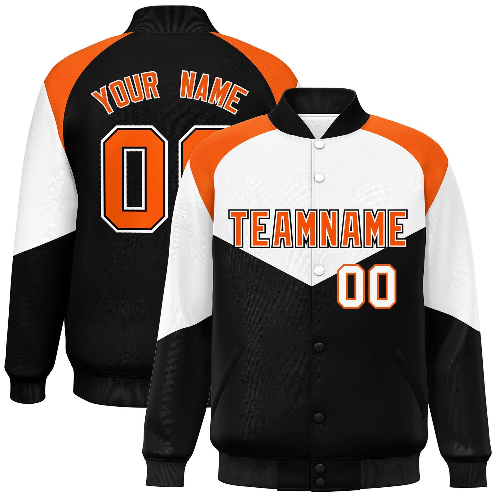 Custom White Black-Orange Varsity Full-Snap Color Block Letterman Jacket