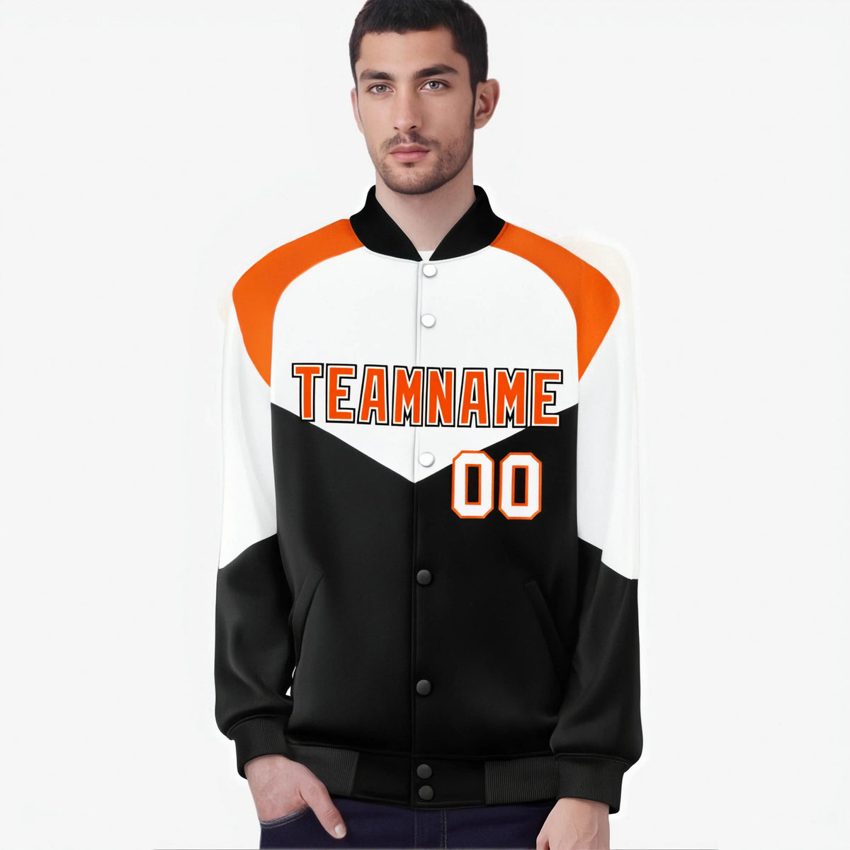 Custom White Black-Orange Varsity Full-Snap Color Block Letterman Jacket
