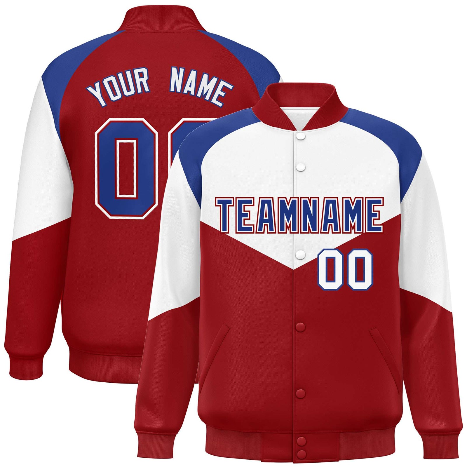 Custom White Red-Royal Blue Varsity Full-Snap Color Block Letterman Jacket