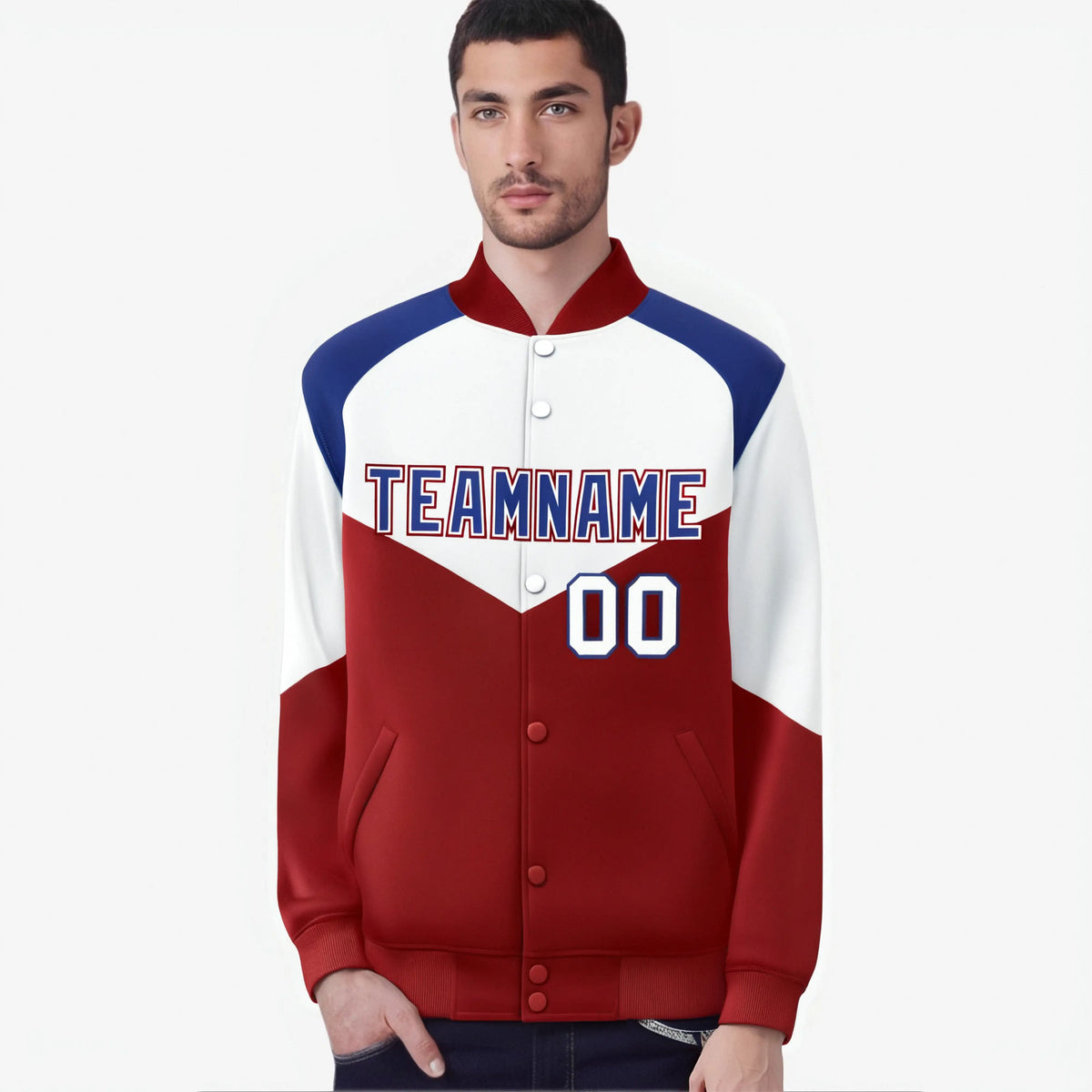 Custom White Red-Royal Blue Varsity Full-Snap Color Block Letterman Jacket