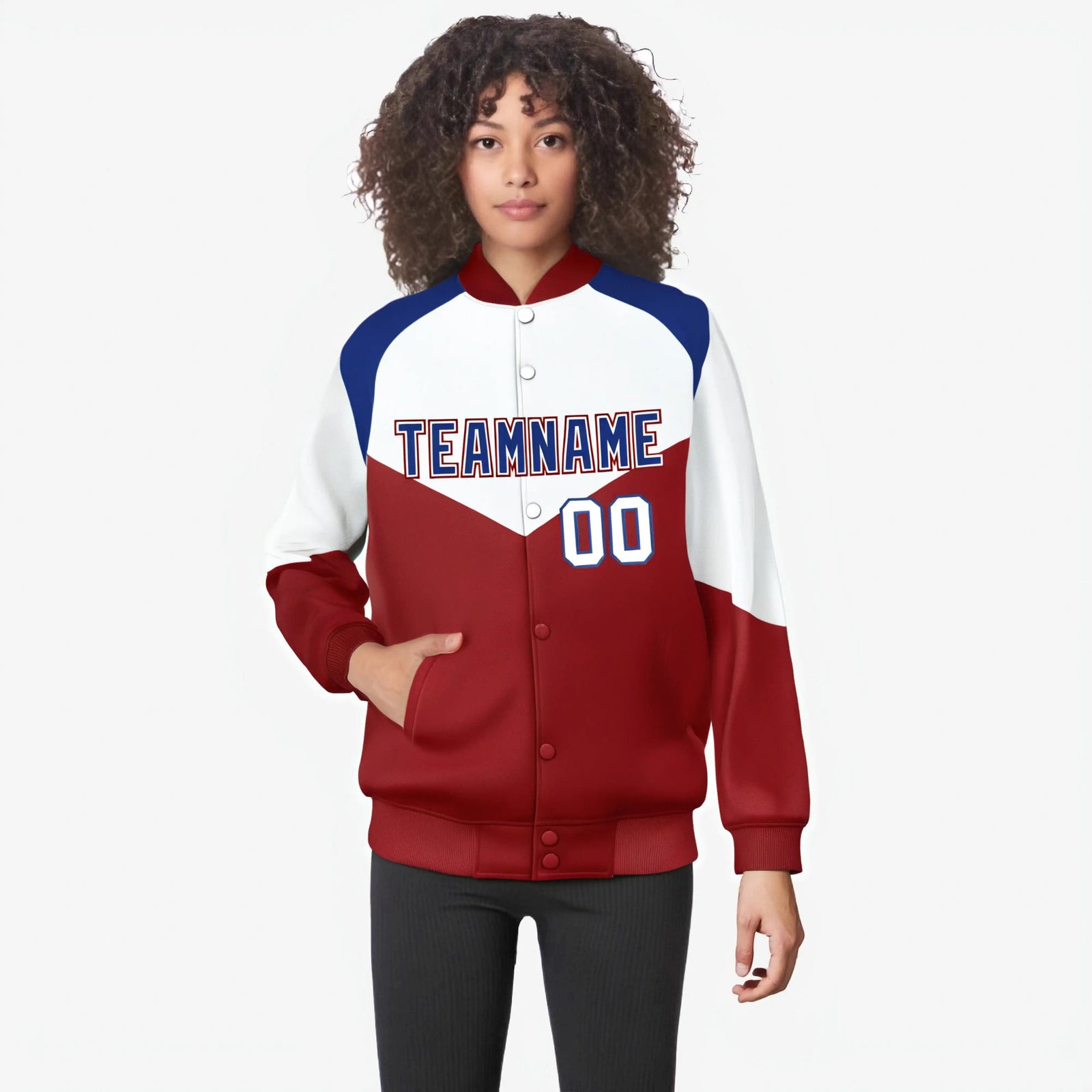 Custom White Red-Royal Blue Varsity Full-Snap Color Block Letterman Jacket