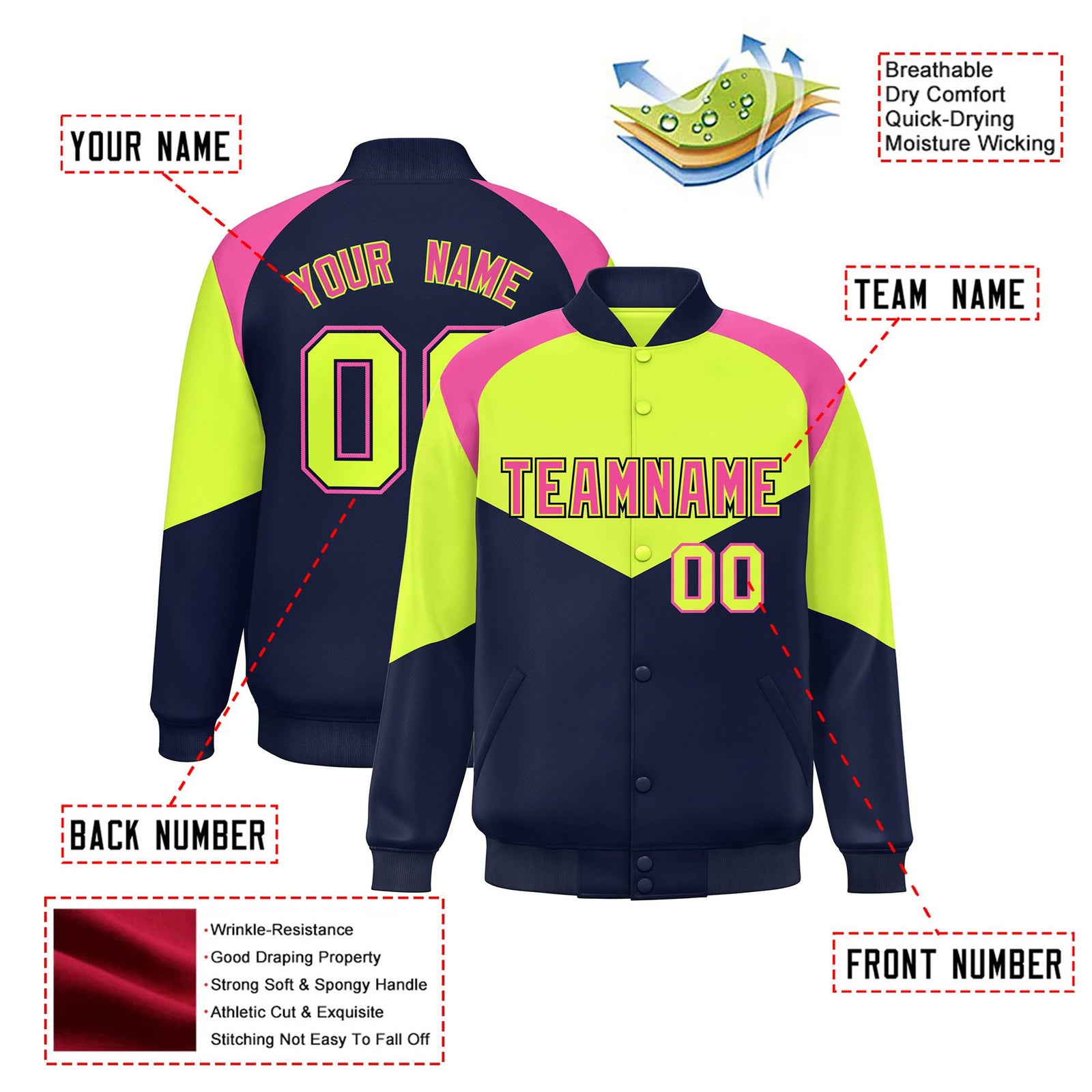 Custom Fluorescent Green Navy-Pink Varsity Full-Snap Color Block Letterman Jacket
