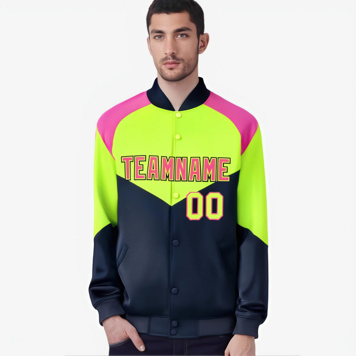 Custom Fluorescent Green Navy-Pink Varsity Full-Snap Color Block Letterman Jacket