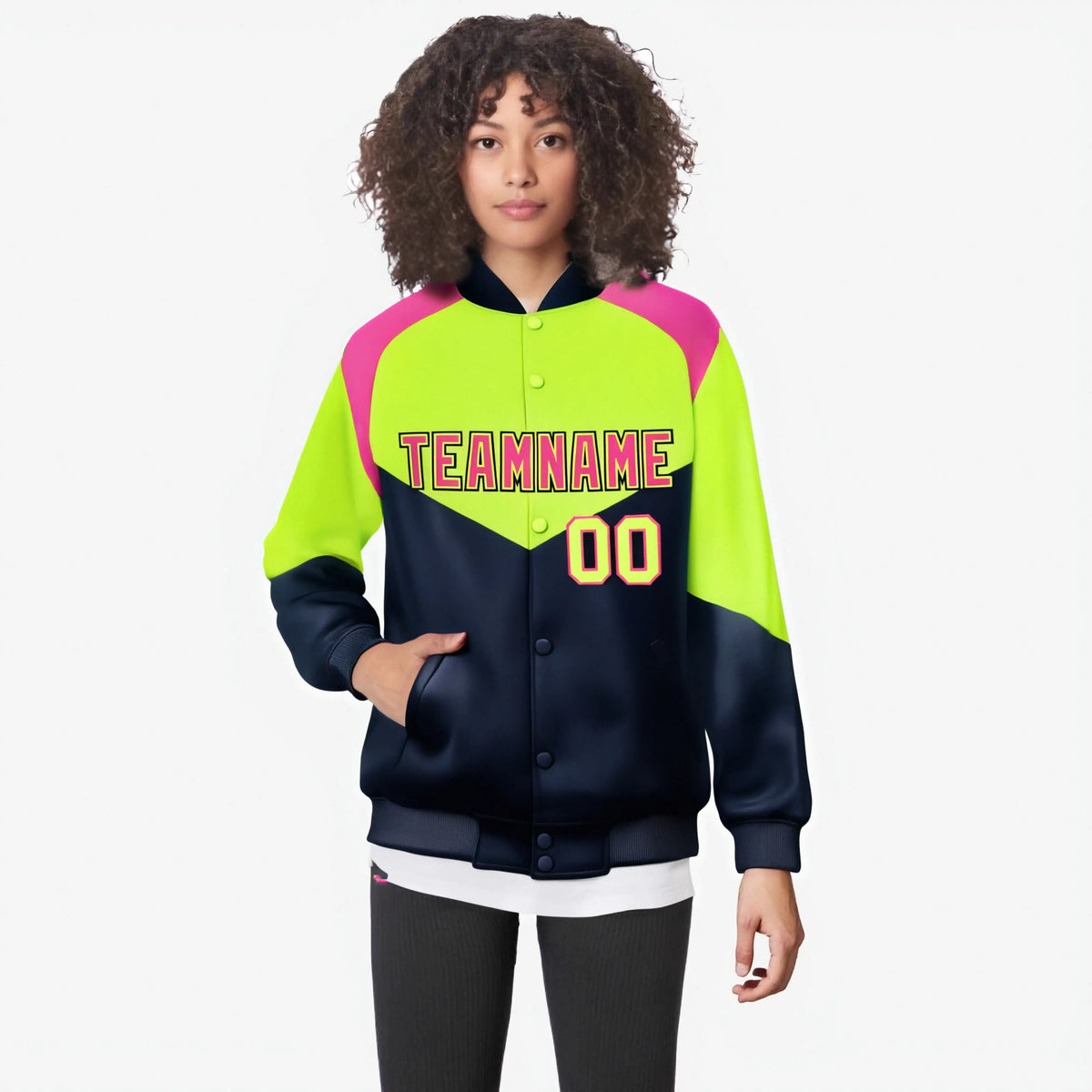 Custom Fluorescent Green Navy-Pink Varsity Full-Snap Color Block Letterman Jacket