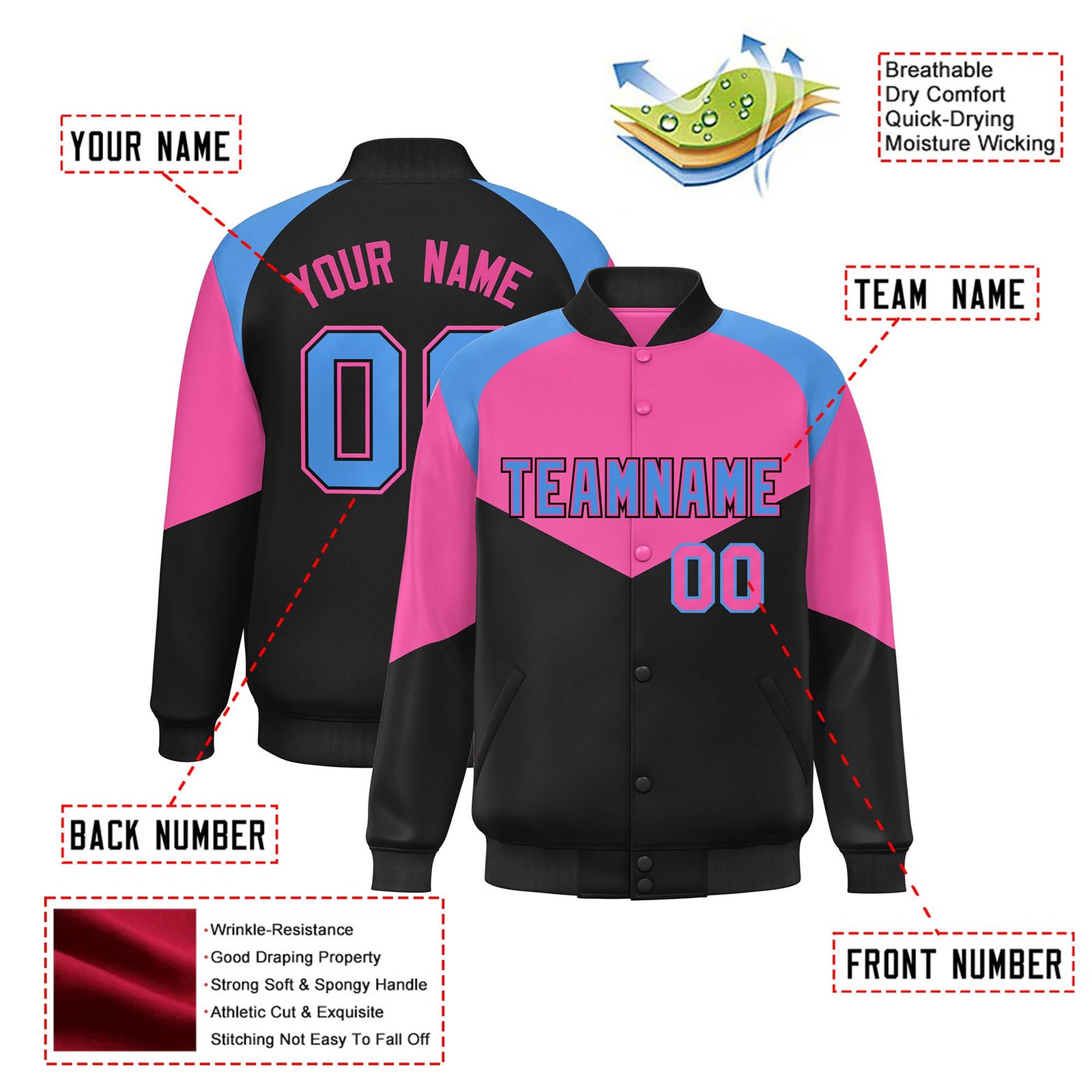 Custom Pink Black-Powder Blue Varsity Full-Snap Color Block Letterman Jacket