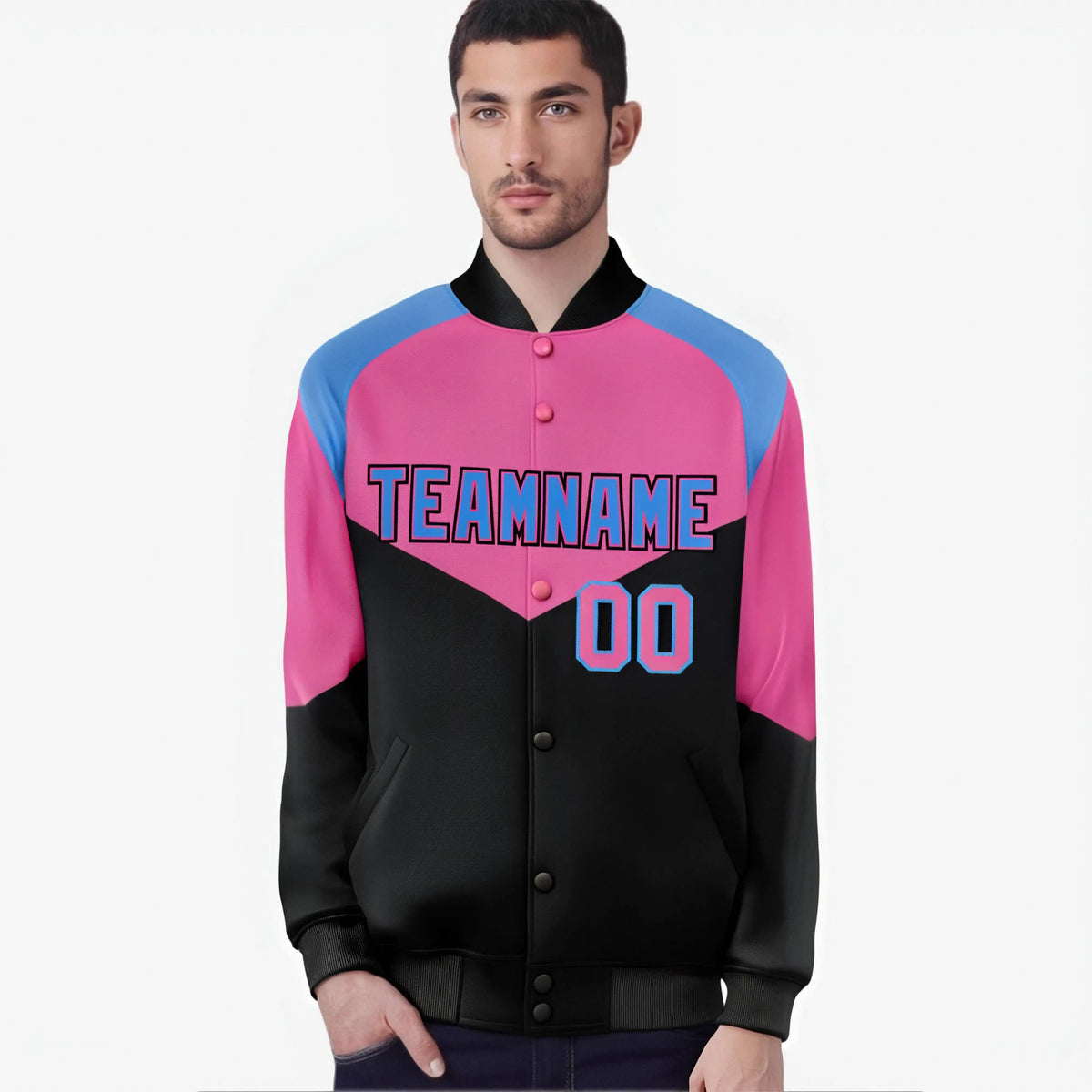 Custom Pink Black-Powder Blue Varsity Full-Snap Color Block Letterman Jacket