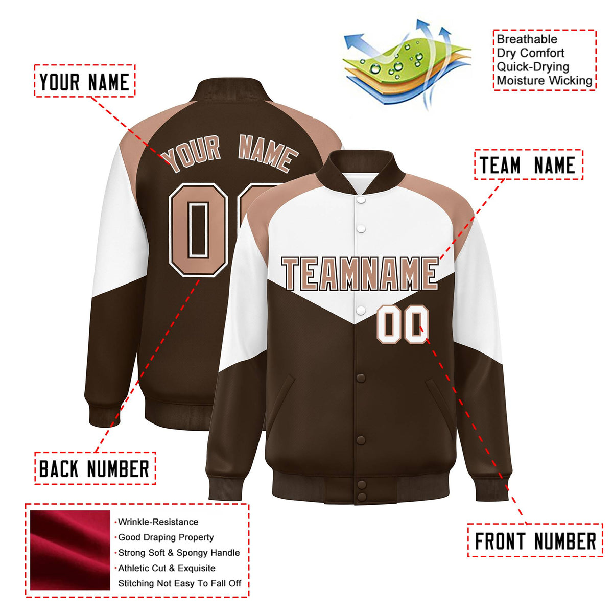 Custom White Brown-Light Brown Varsity Full-Snap Color Block Letterman Jacket