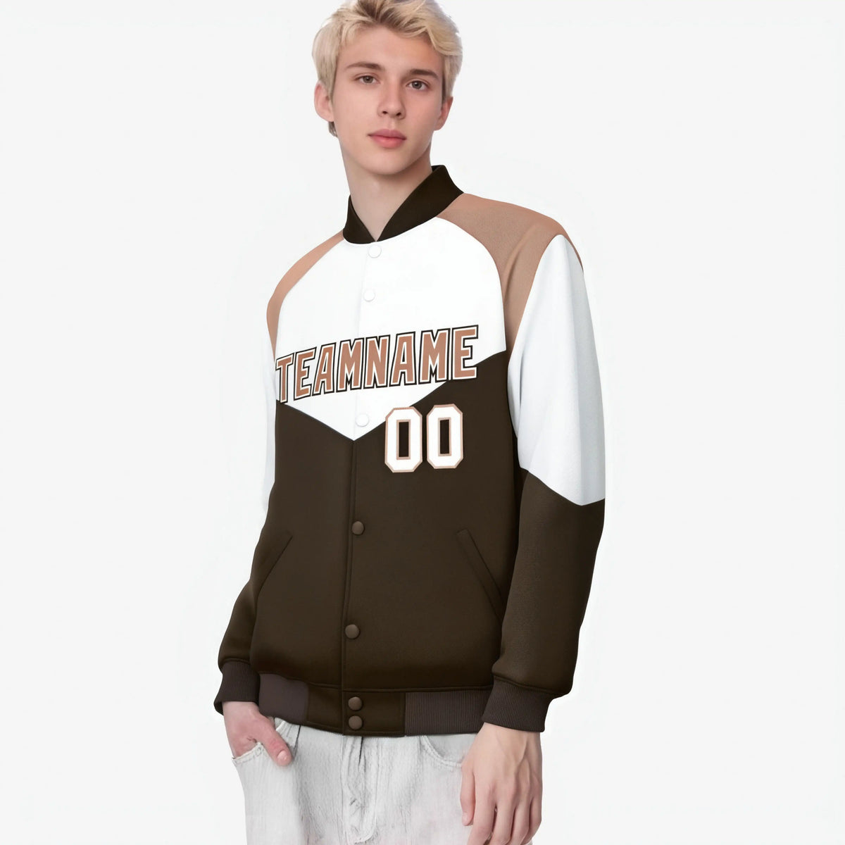 Custom White Brown-Light Brown Varsity Full-Snap Color Block Letterman Jacket