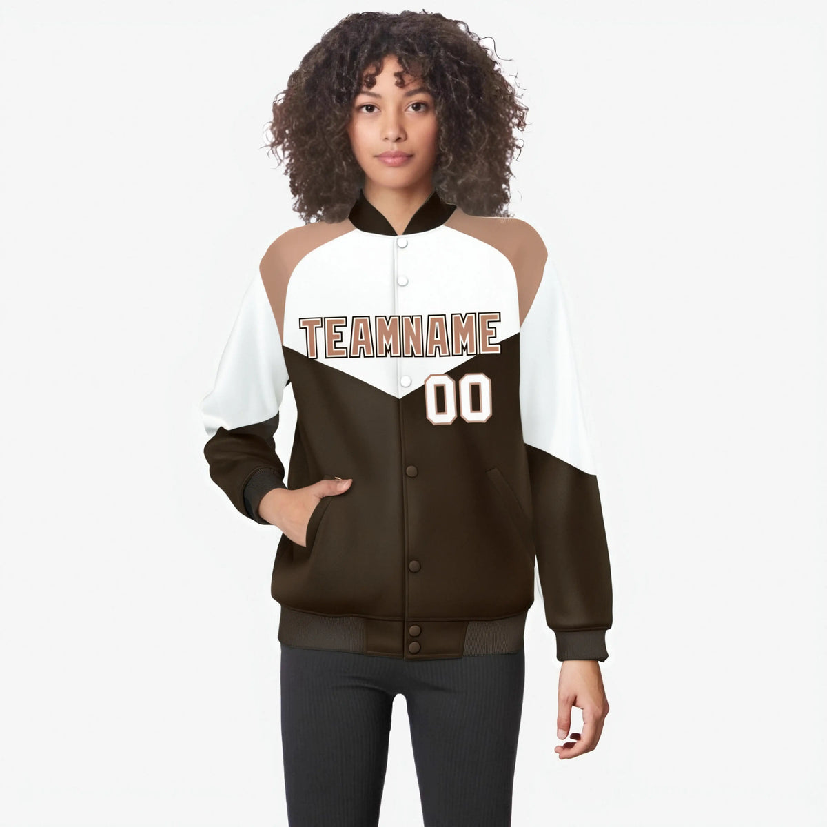 Custom White Brown-Light Brown Varsity Full-Snap Color Block Letterman Jacket