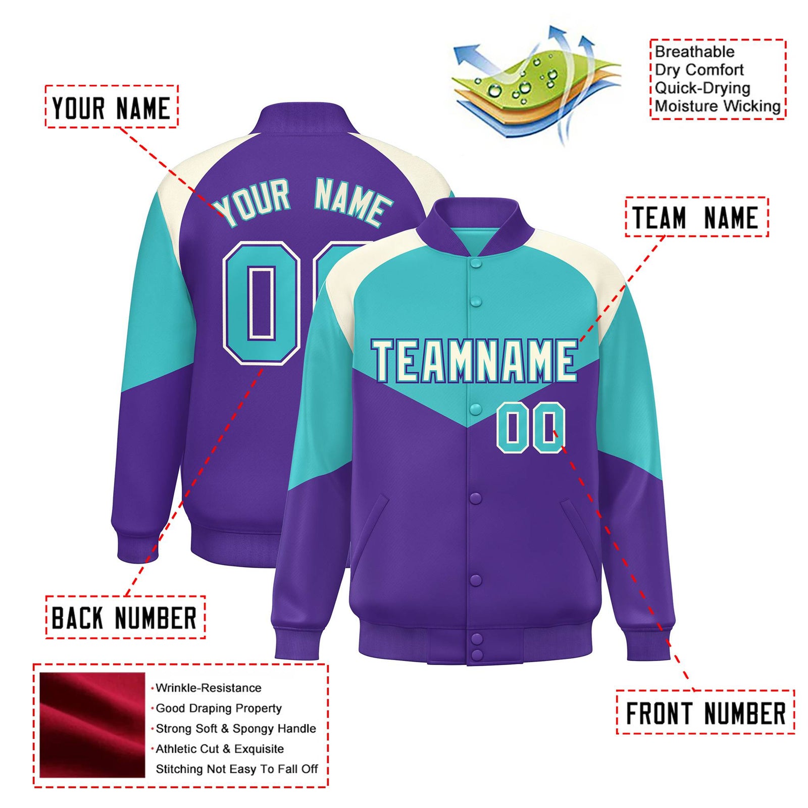 Custom Aqua Purple-Cream Varsity Full-Snap Color Block Letterman Jacket