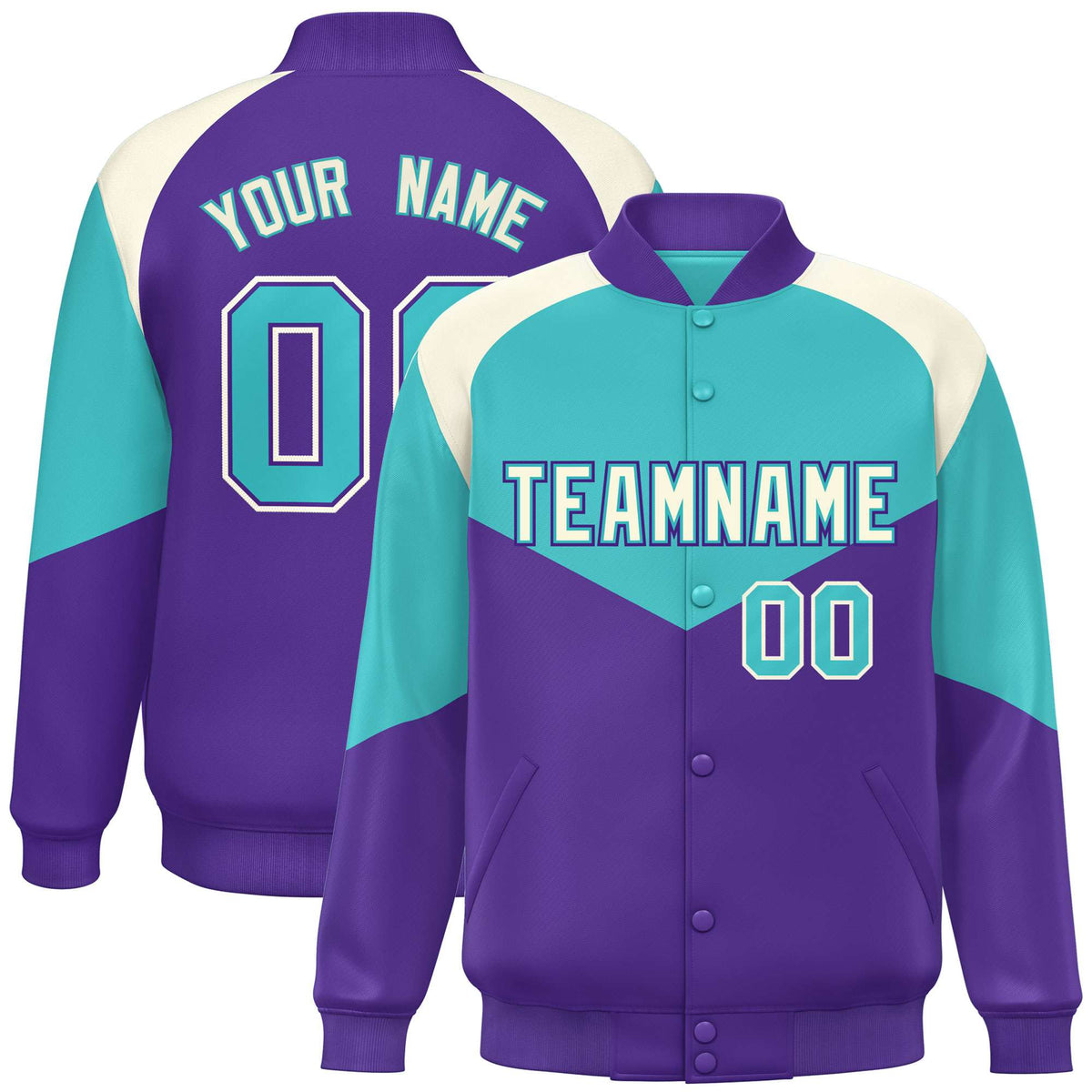 Custom Aqua Purple-Cream Varsity Full-Snap Color Block Letterman Jacket
