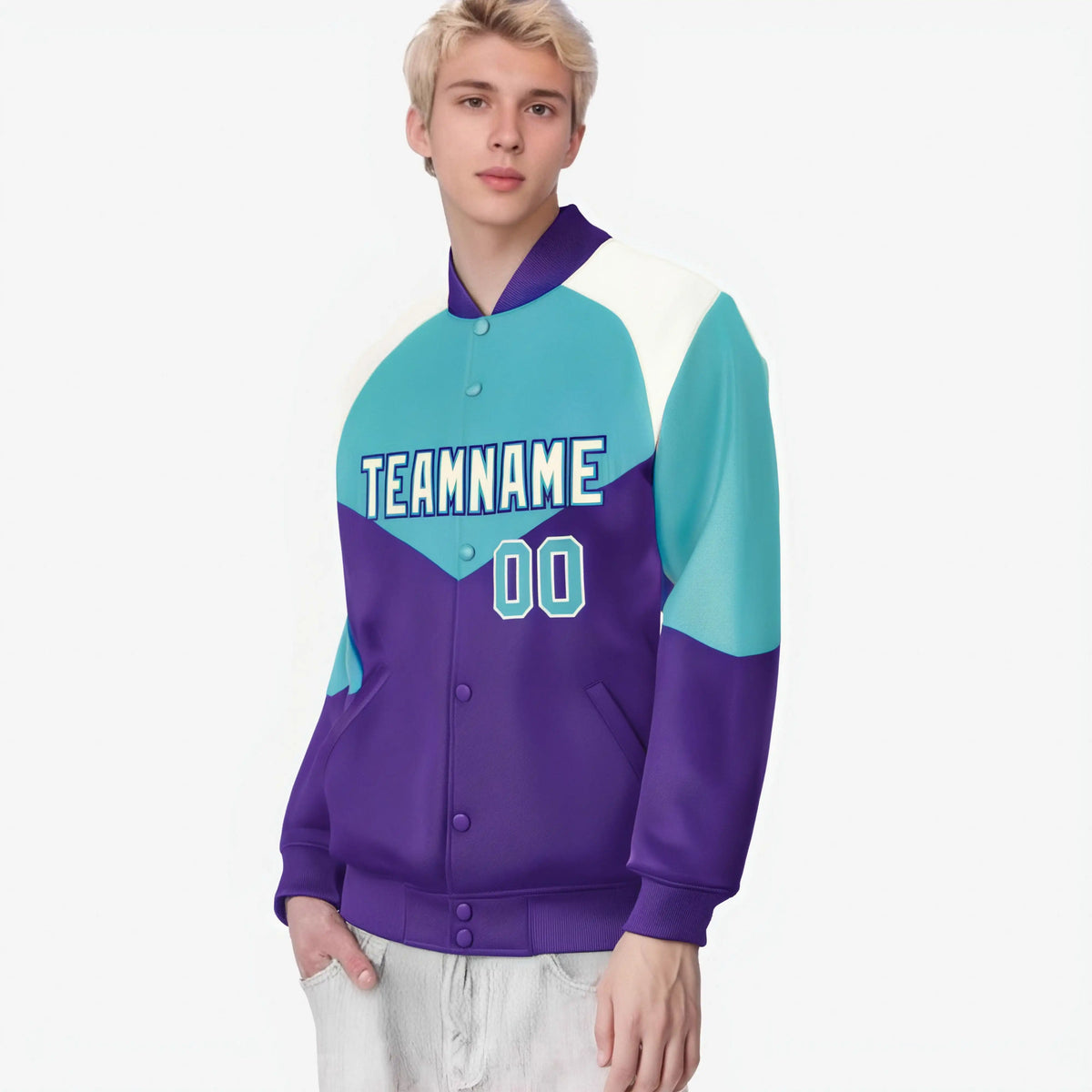 Custom Aqua Purple-Cream Varsity Full-Snap Color Block Letterman Jacket
