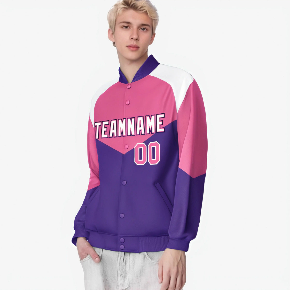 Custom Pink Purple-White Varsity Full-Snap Color Block Letterman Jacket