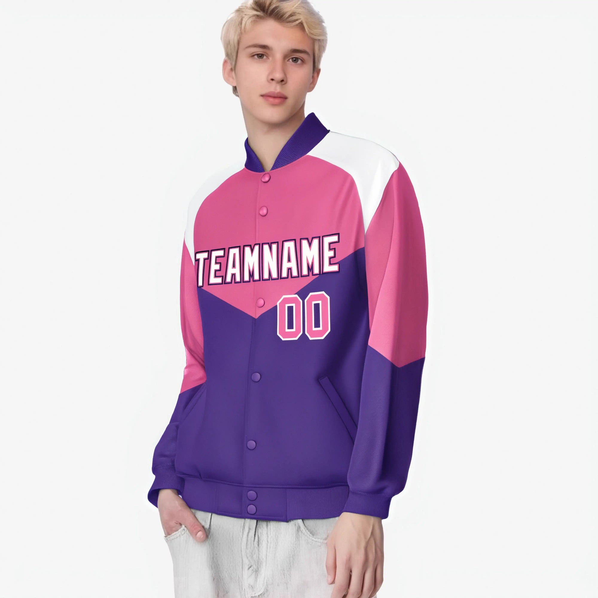 Custom Pink Purple-White Varsity Full-Snap Color Block Letterman Jacket