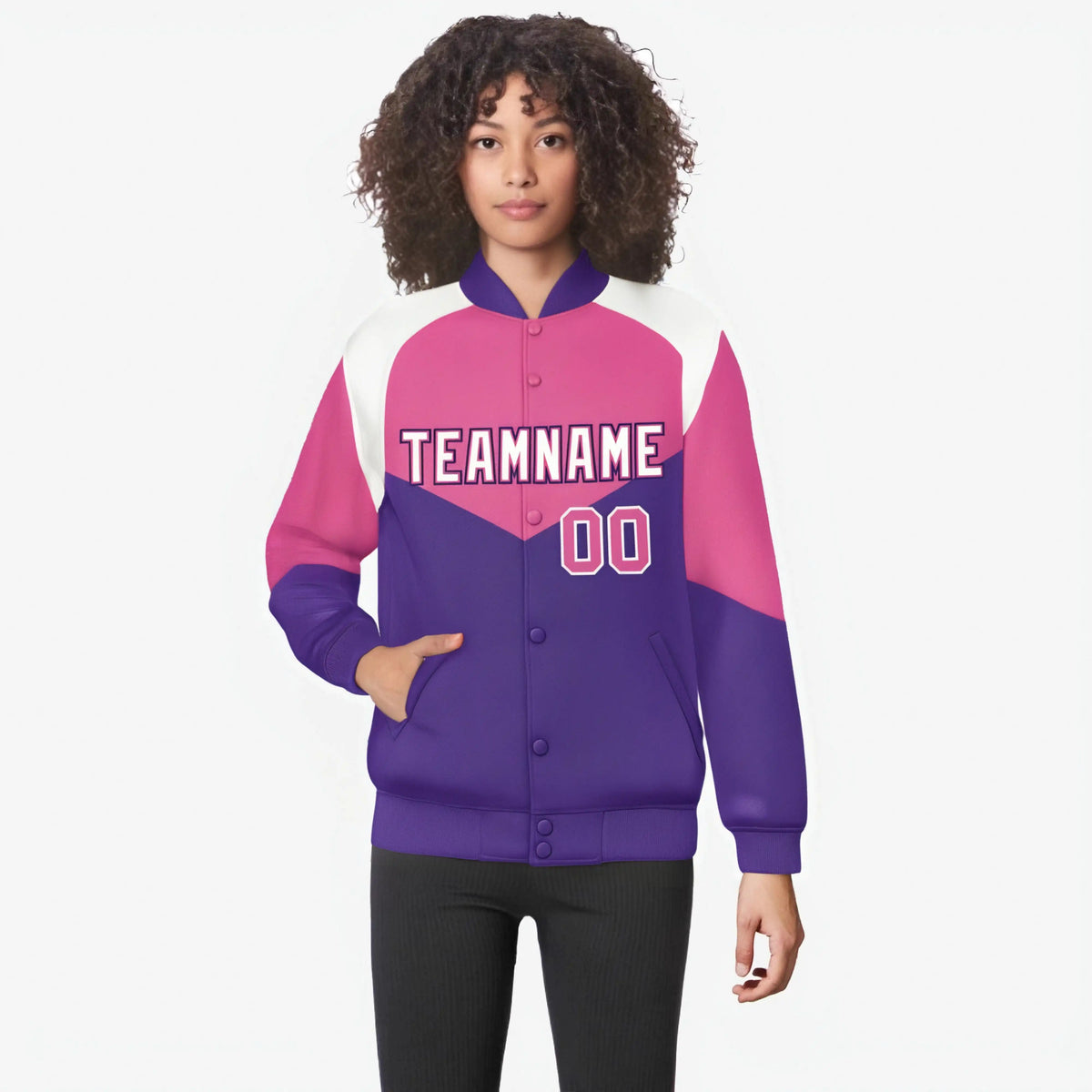 Custom Pink Purple-White Varsity Full-Snap Color Block Letterman Jacket