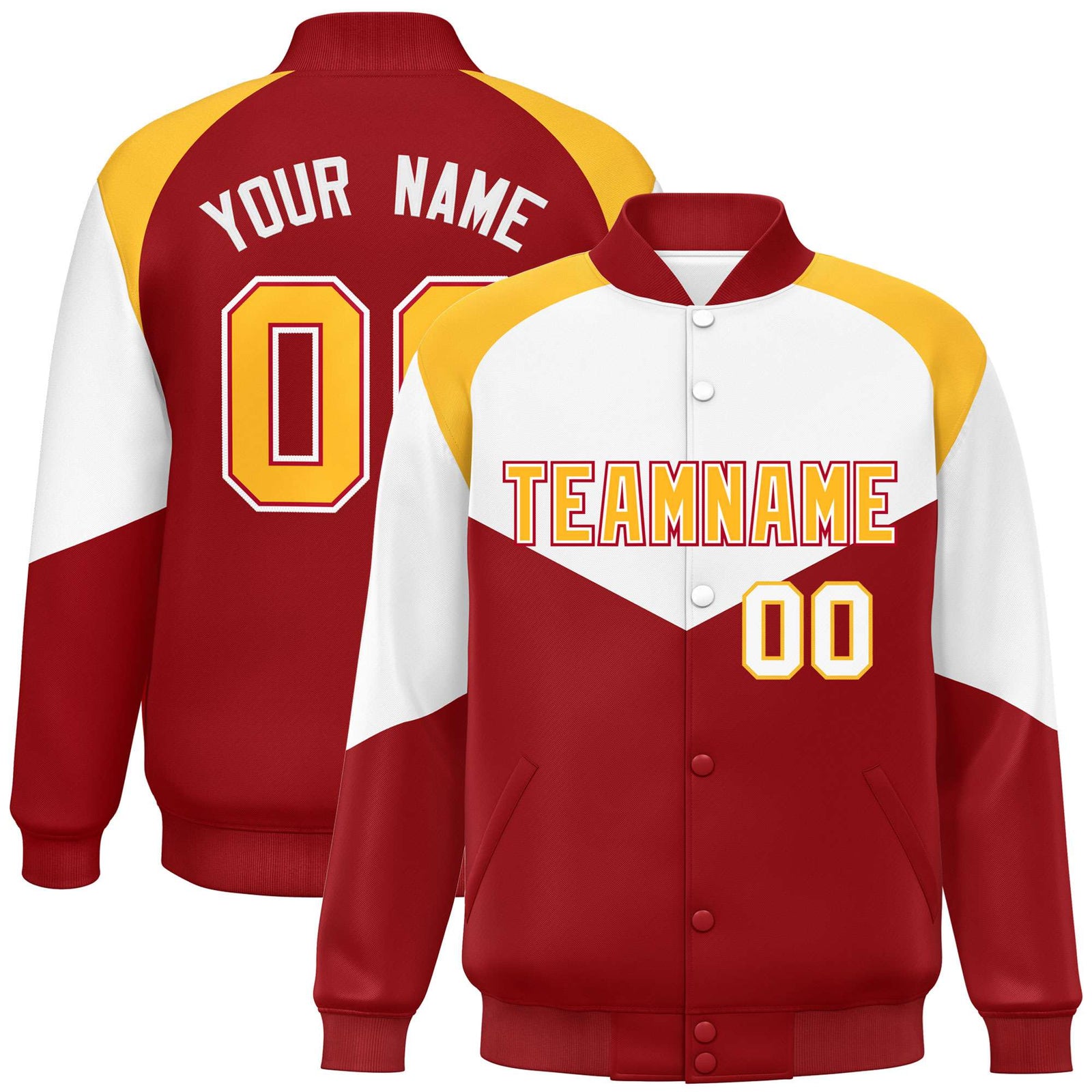 Custom White Red-Gold Varsity Full-Snap Color Block Letterman Jacket