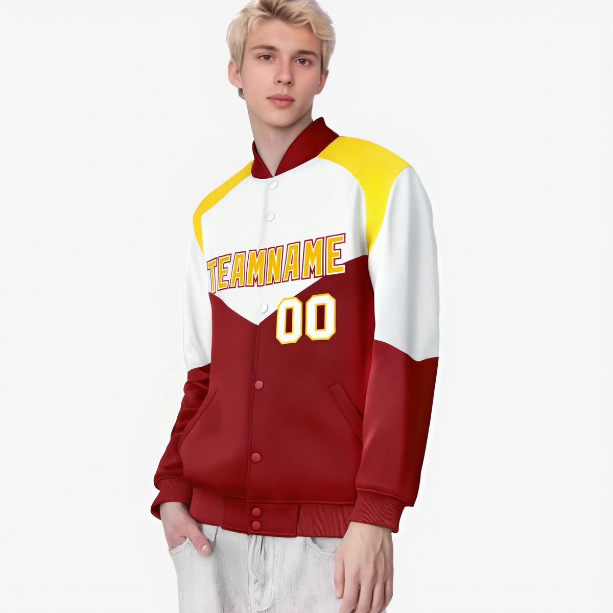 Custom White Red-Gold Varsity Full-Snap Color Block Letterman Jacket