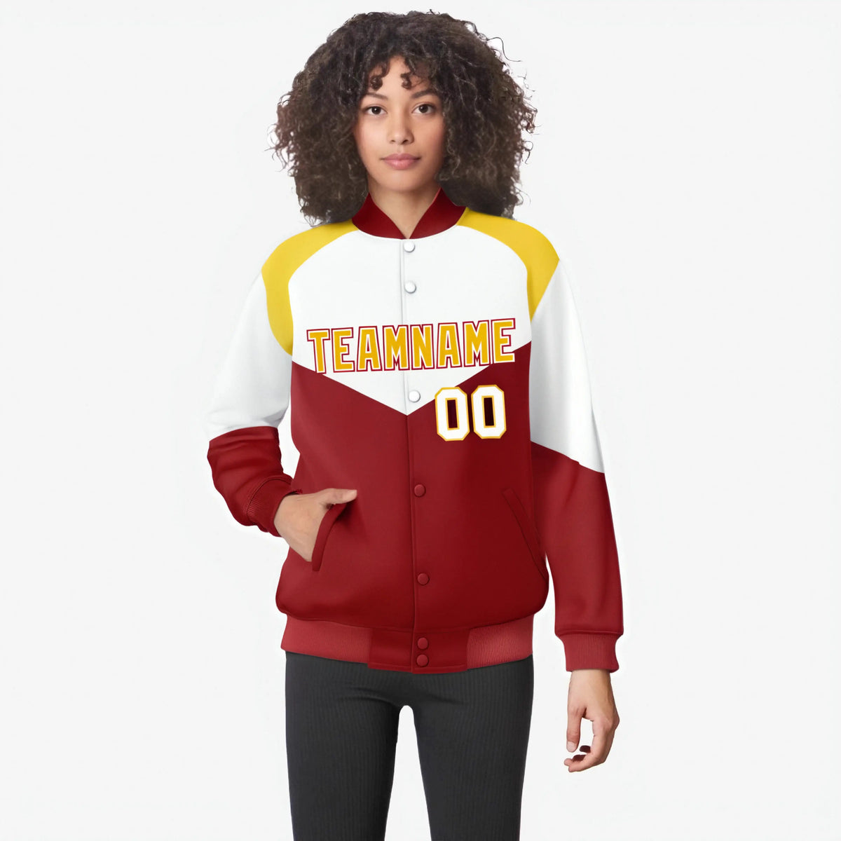 Custom White Red-Gold Varsity Full-Snap Color Block Letterman Jacket