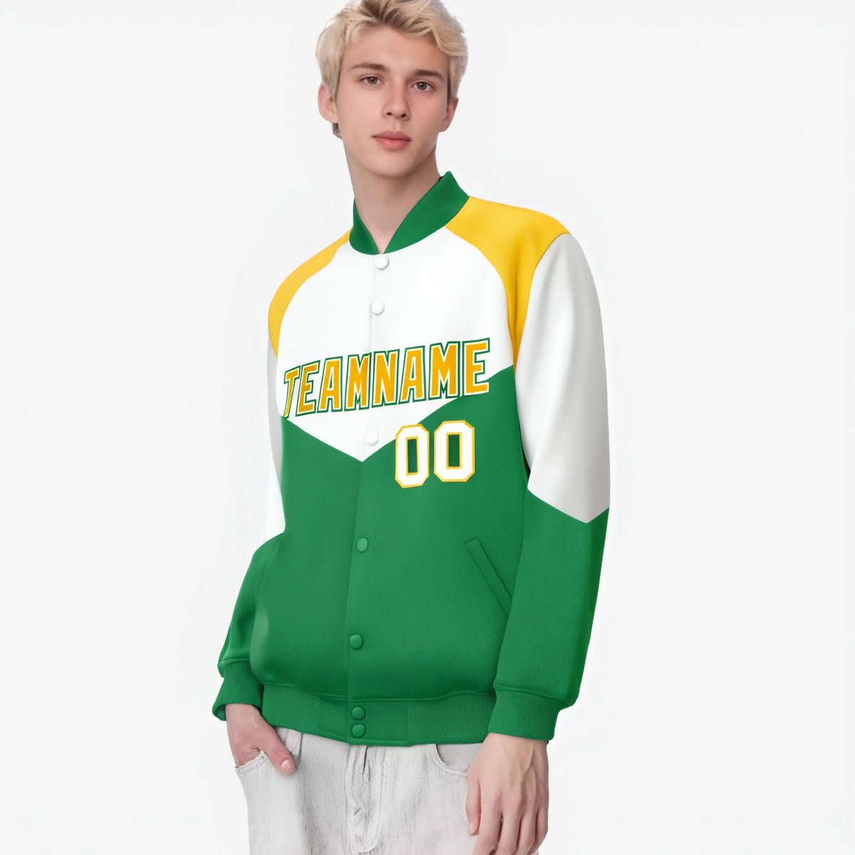 Custom White Kelly Green-Gold Varsity Full-Snap Color Block Letterman Jacket