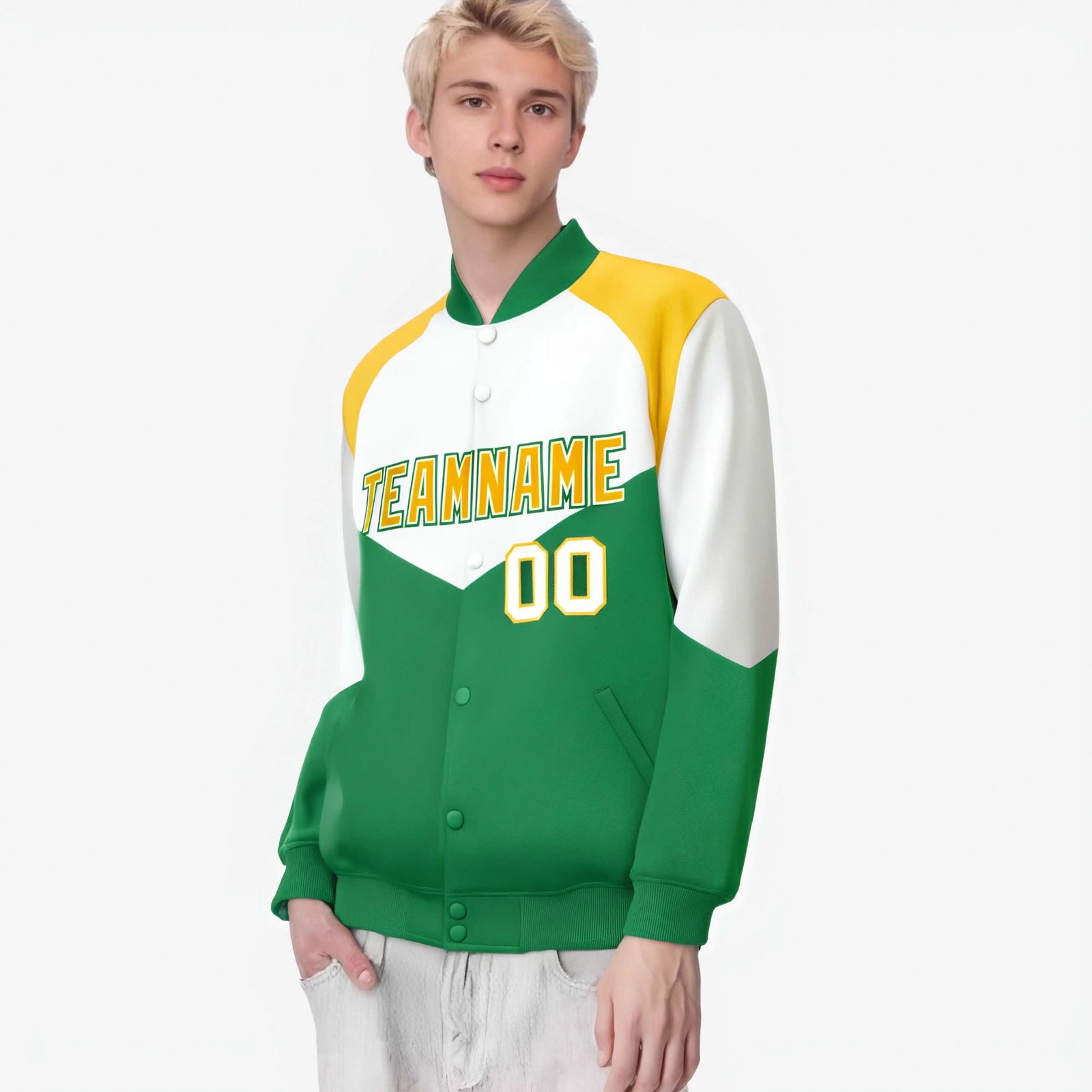Custom White Kelly Green-Gold Varsity Full-Snap Color Block Letterman Jacket