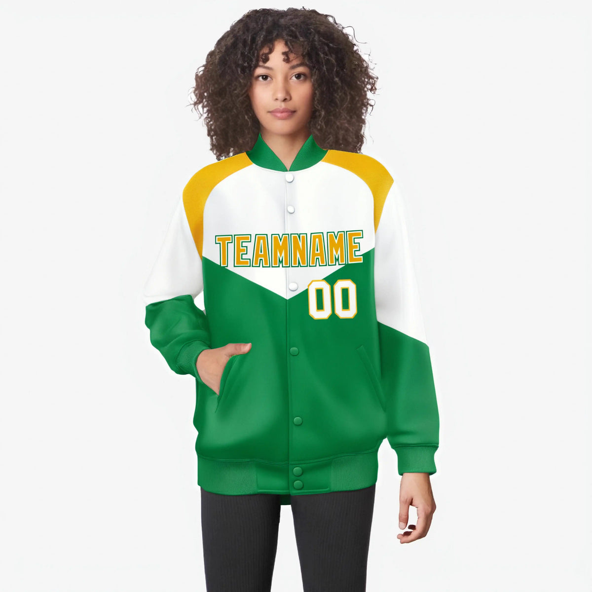 Custom White Kelly Green-Gold Varsity Full-Snap Color Block Letterman Jacket