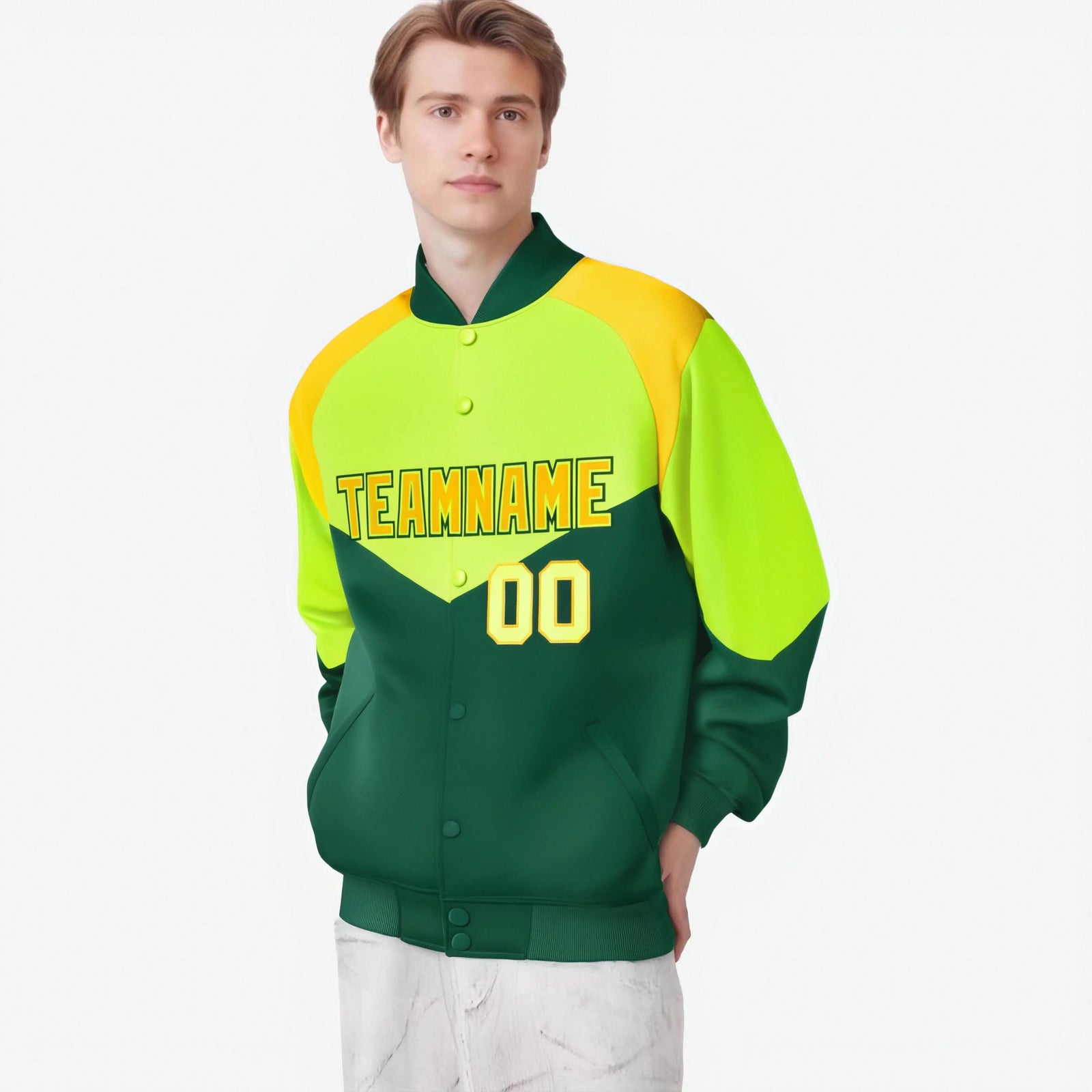 Custom Fluorescent Green Kelly Green-Gold Varsity Full-Snap Color Block Letterman Jacket