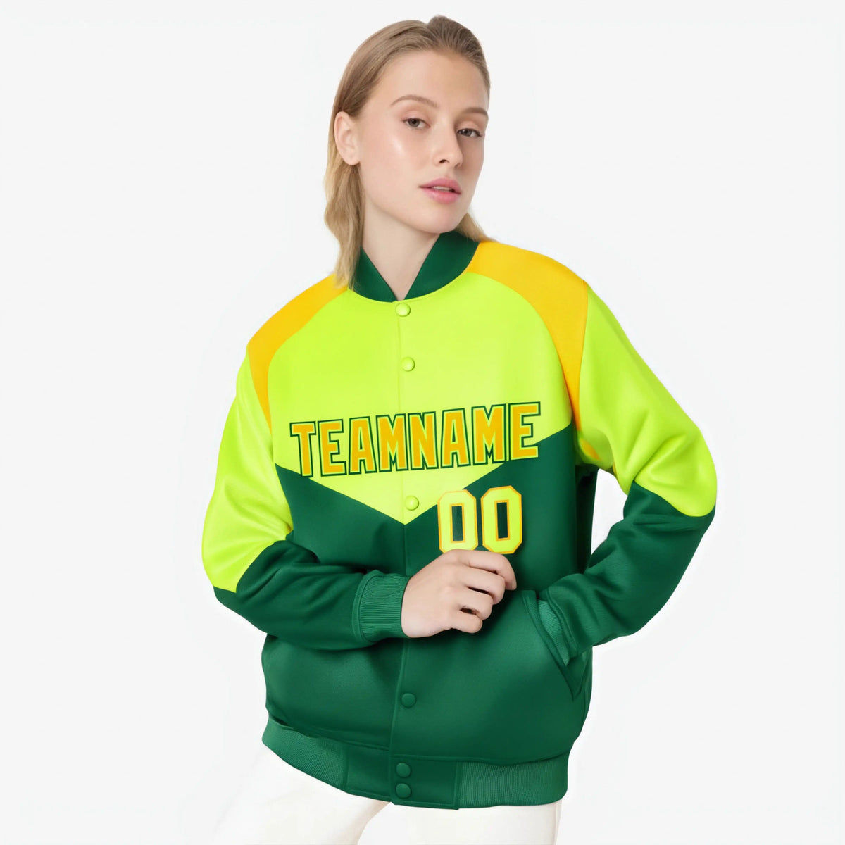 Custom Fluorescent Green Kelly Green-Gold Varsity Full-Snap Color Block Letterman Jacket