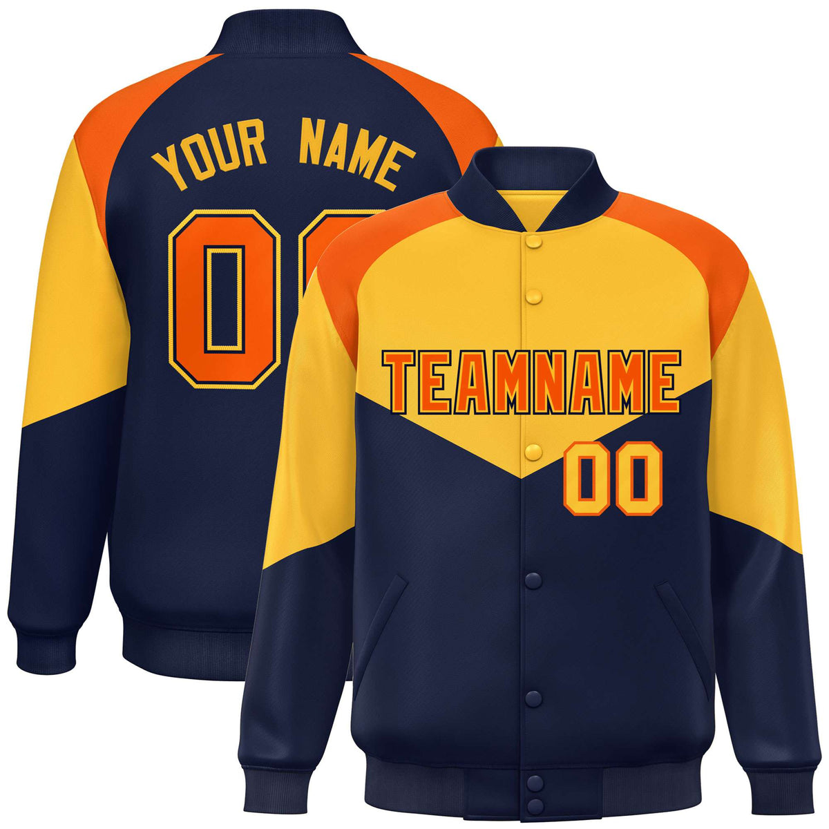 Custom Yellow Navy-Orange Varsity Full-Snap Color Block Letterman Jacket