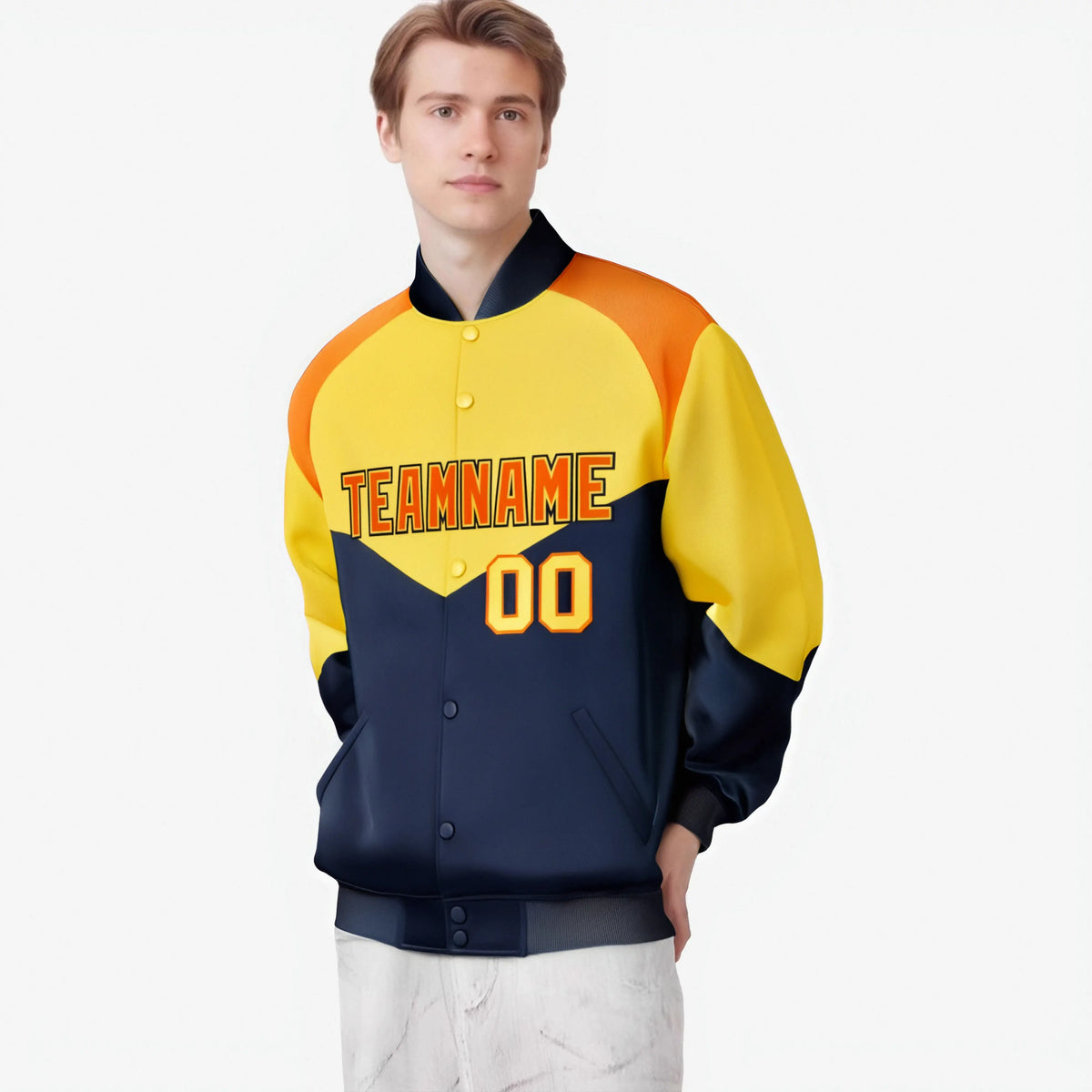Custom Yellow Navy-Orange Varsity Full-Snap Color Block Letterman Jacket