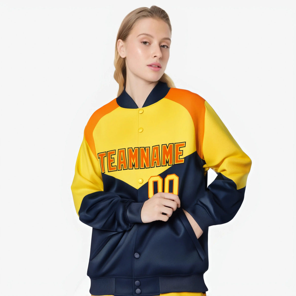 Custom Yellow Navy-Orange Varsity Full-Snap Color Block Letterman Jacket