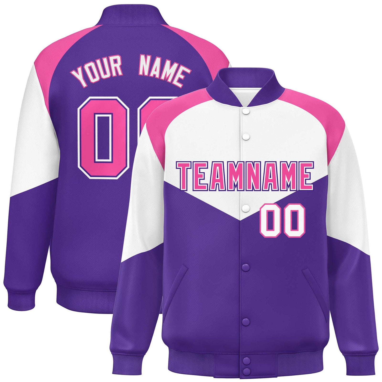 Custom White Purple-Pink Varsity Full-Snap Color Block Letterman Jacket