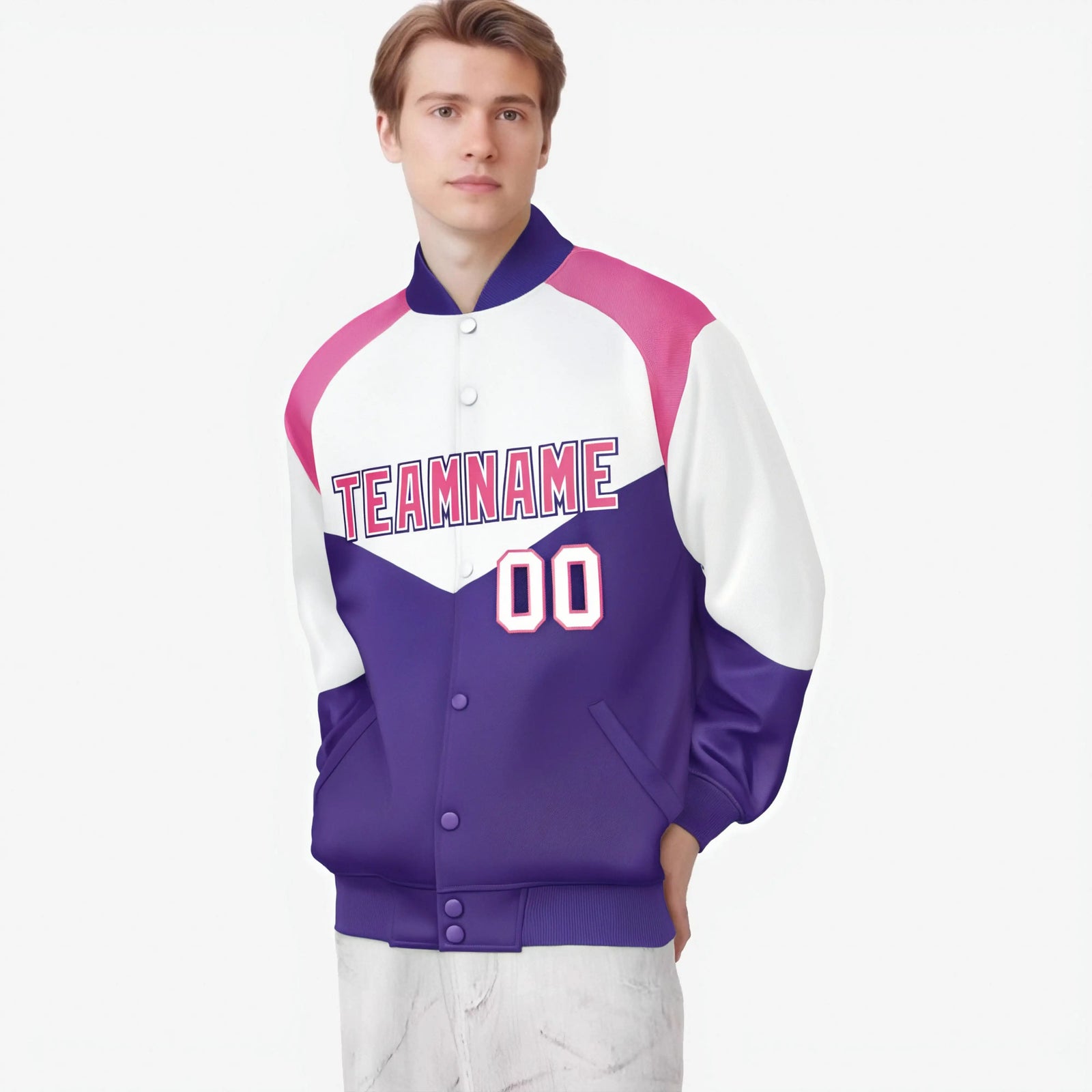 Custom White Purple-Pink Varsity Full-Snap Color Block Letterman Jacket
