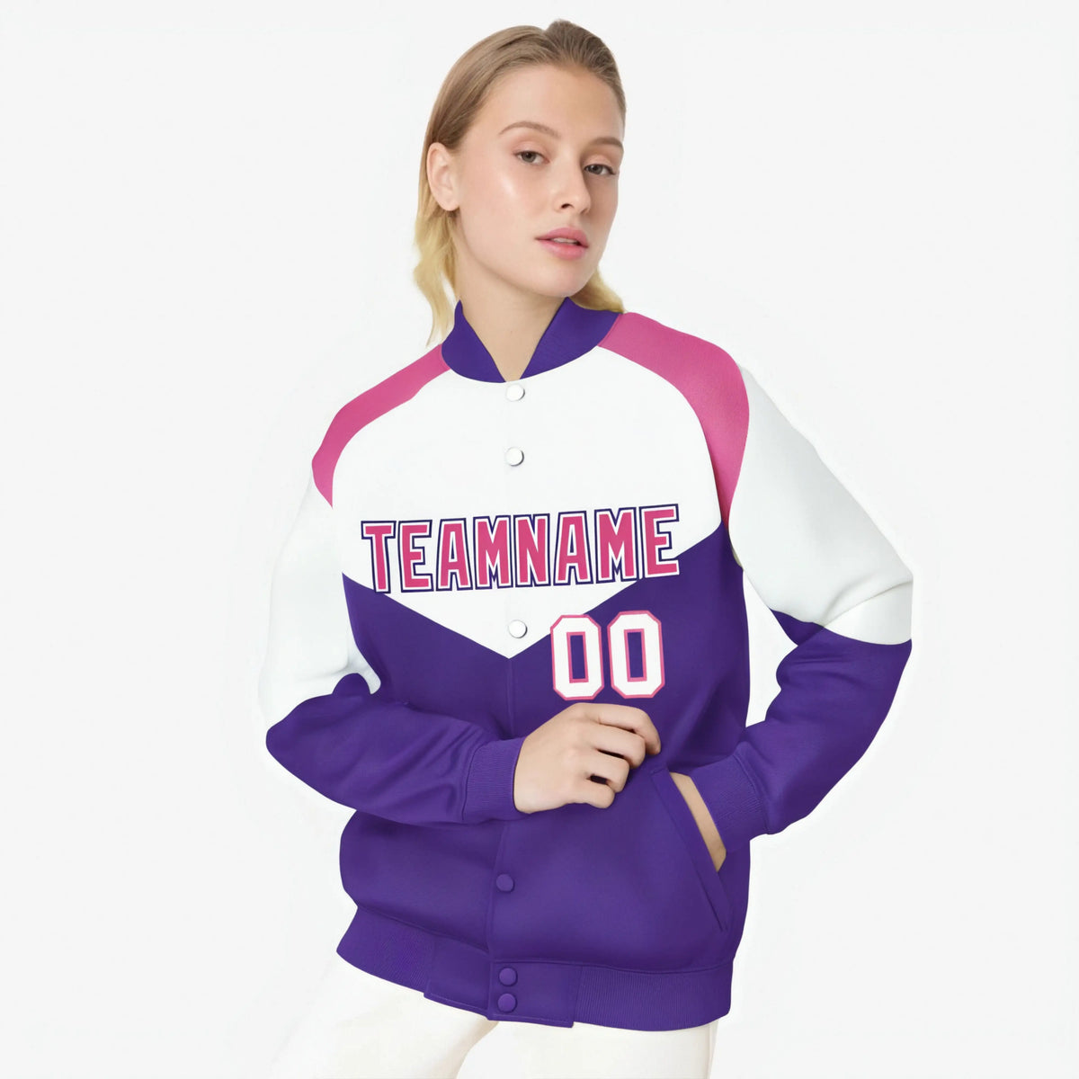 Custom White Purple-Pink Varsity Full-Snap Color Block Letterman Jacket