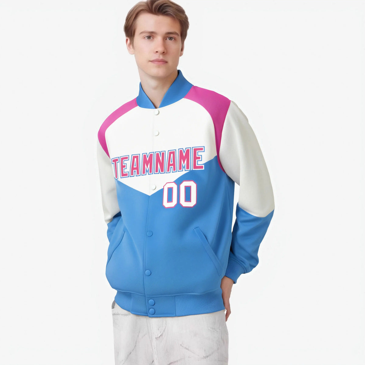 Custom White Powder Blue-Pink Varsity Full-Snap Color Block Letterman Jacket