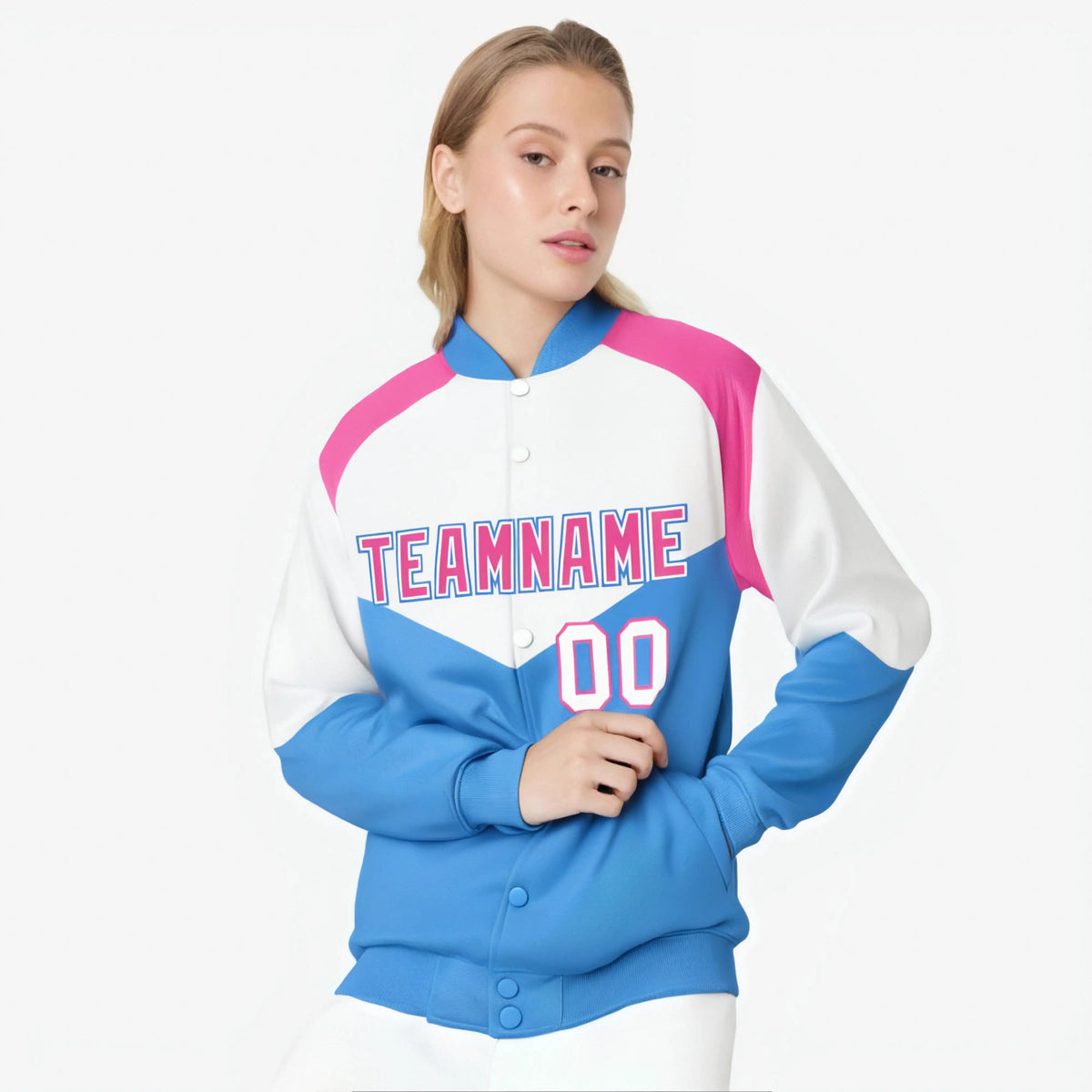 Custom White Powder Blue-Pink Varsity Full-Snap Color Block Letterman Jacket