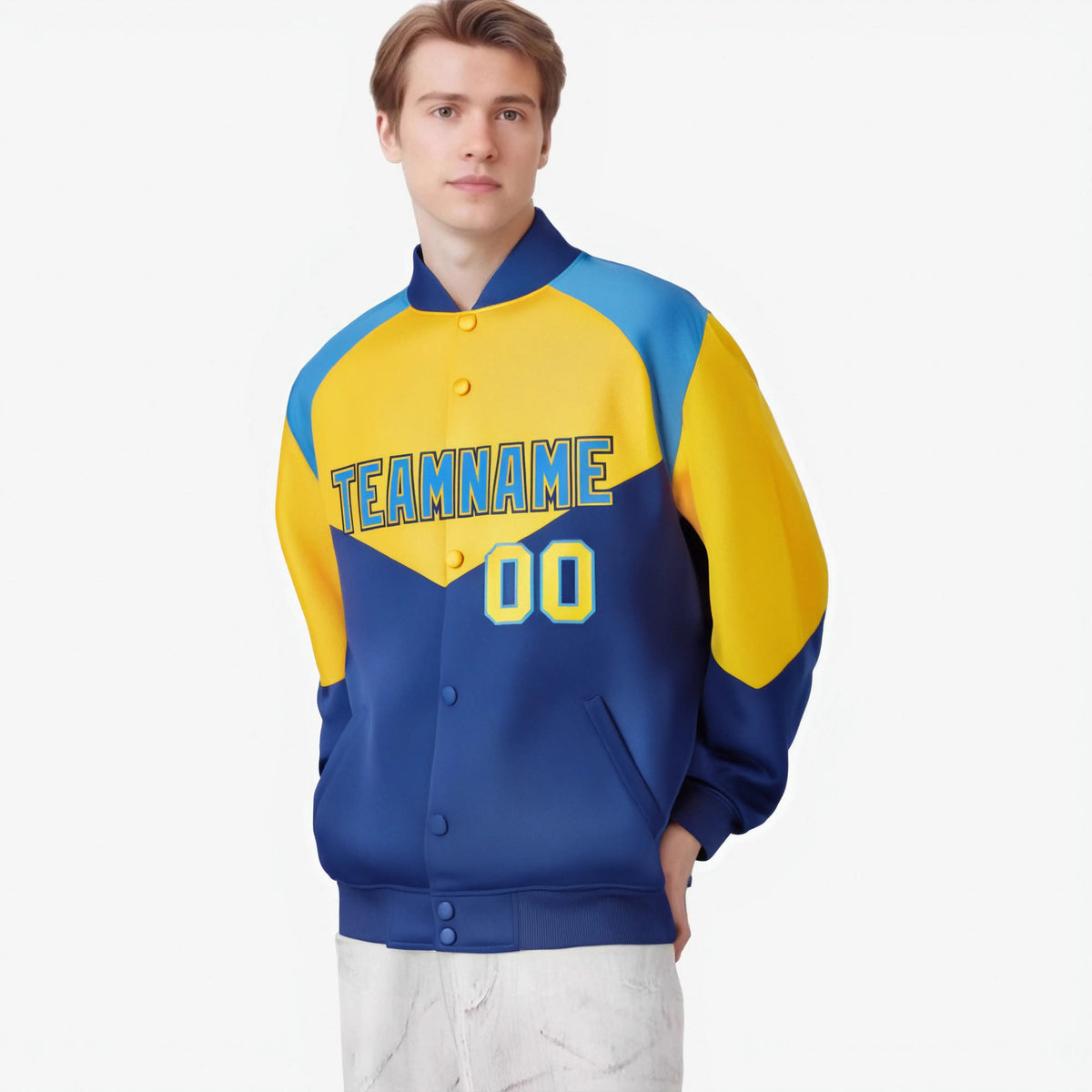 Custom Yellow Royal Blue-Powder Blue Varsity Full-Snap Color Block Letterman Jacket