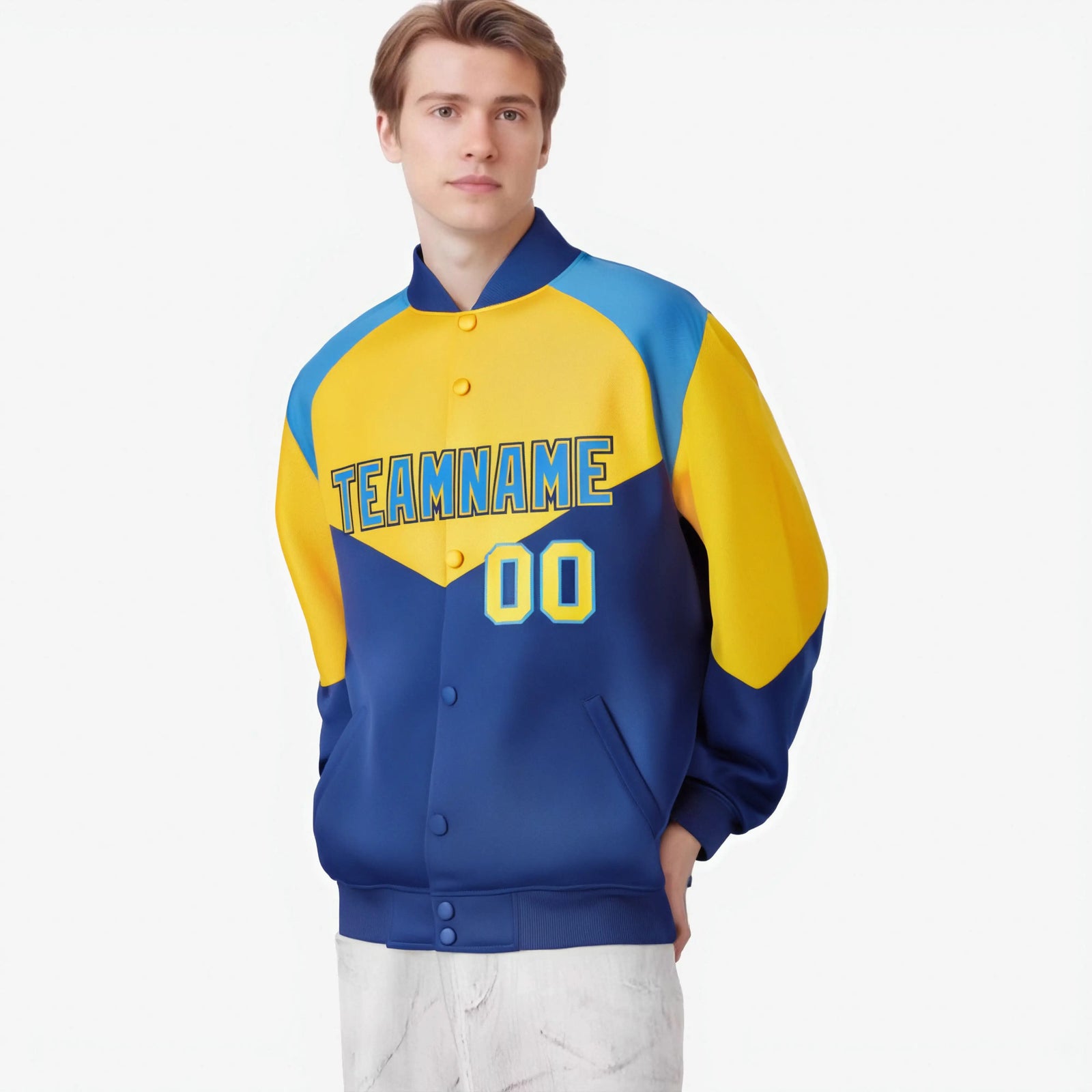 Custom Yellow Royal Blue-Powder Blue Varsity Full-Snap Color Block Letterman Jacket