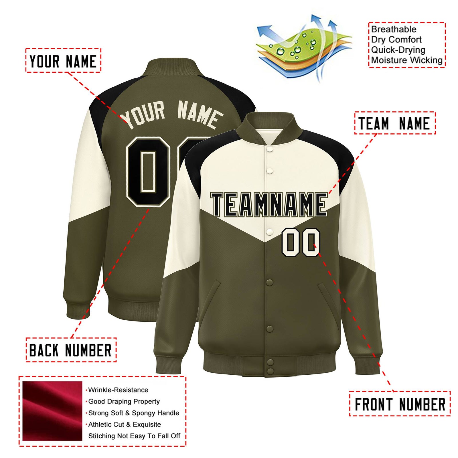 Custom Cream Olive-Black Varsity Full-Snap Color Block Letterman Jacket