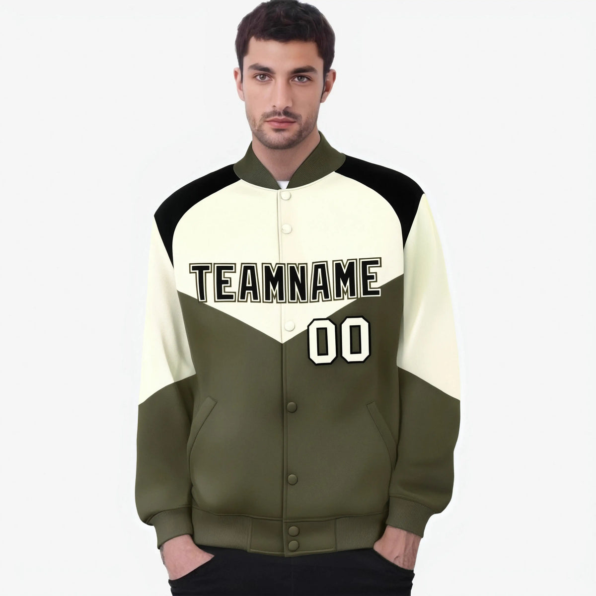 Custom Cream Olive-Black Varsity Full-Snap Color Block Letterman Jacket