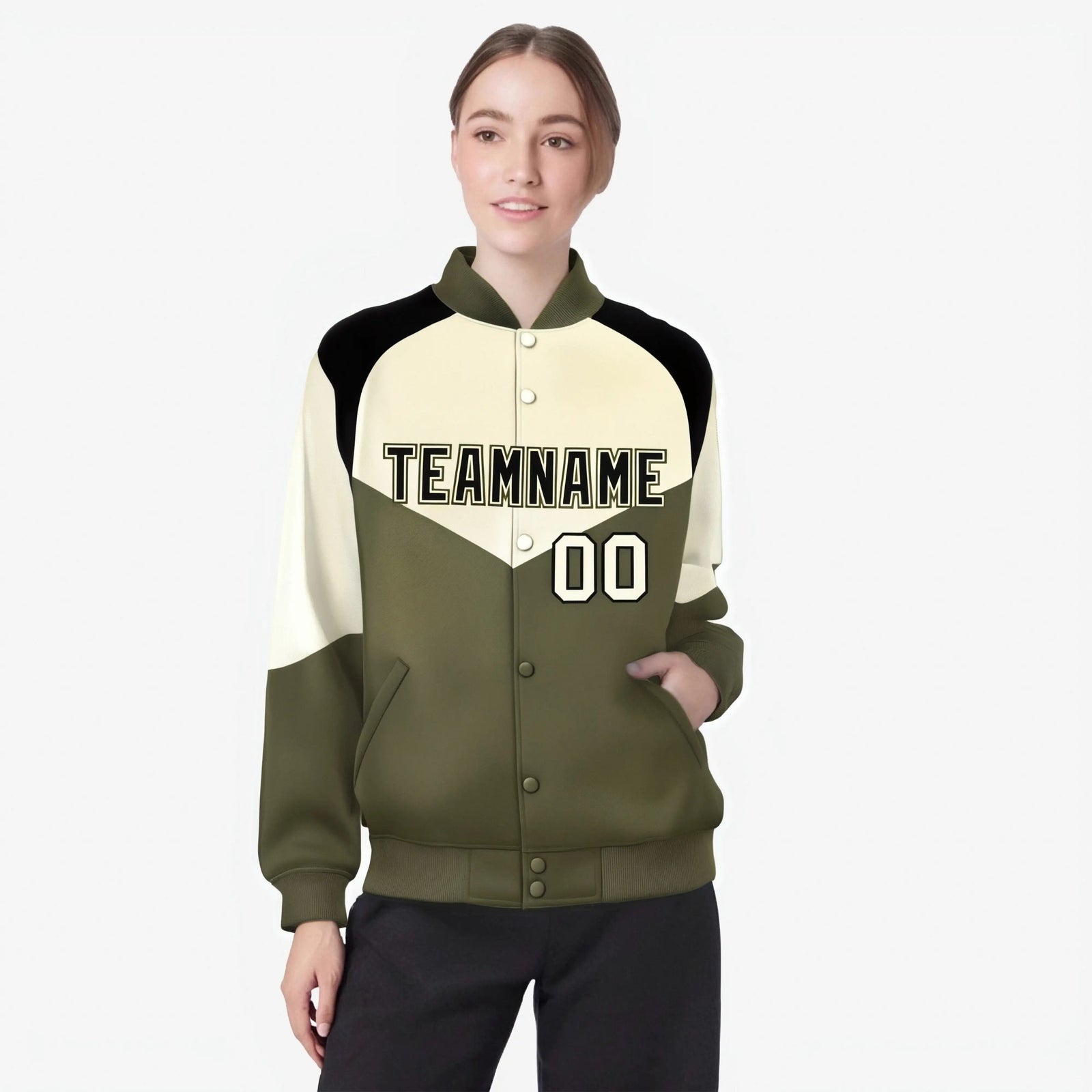 Custom Cream Olive-Black Varsity Full-Snap Color Block Letterman Jacket