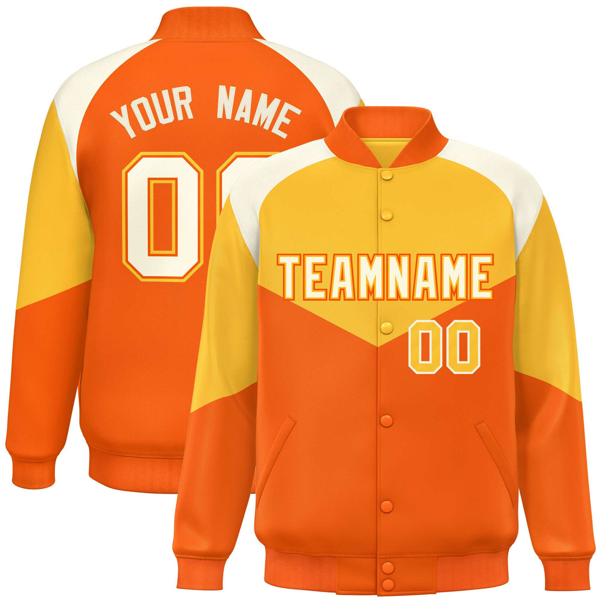 Custom Gold Orange-Cream Varsity Full-Snap Color Block Letterman Jacket