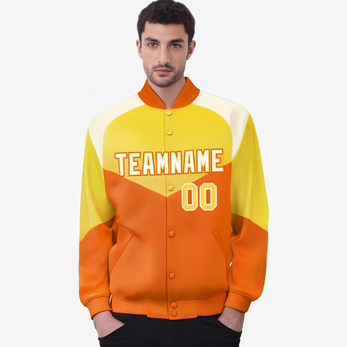 Custom Gold Orange-Cream Varsity Full-Snap Color Block Letterman Jacket