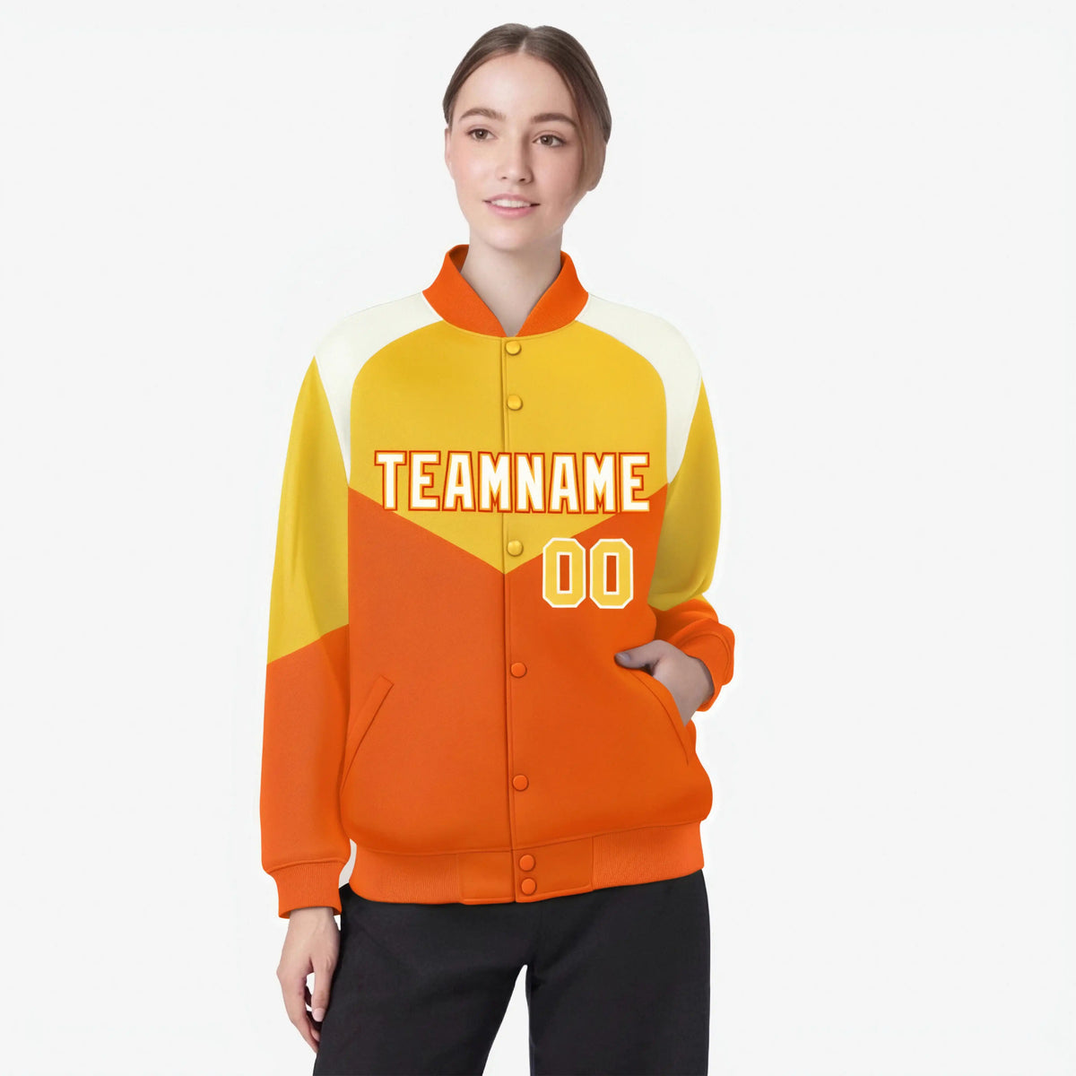 Custom Gold Orange-Cream Varsity Full-Snap Color Block Letterman Jacket