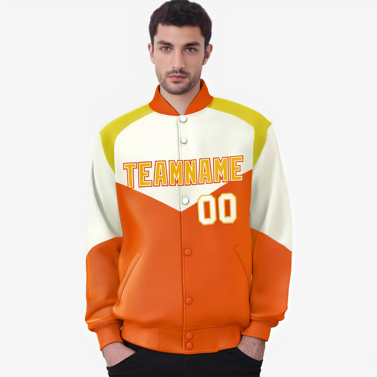 Custom Cream Orange-Gold Varsity Full-Snap Color Block Letterman Jacket